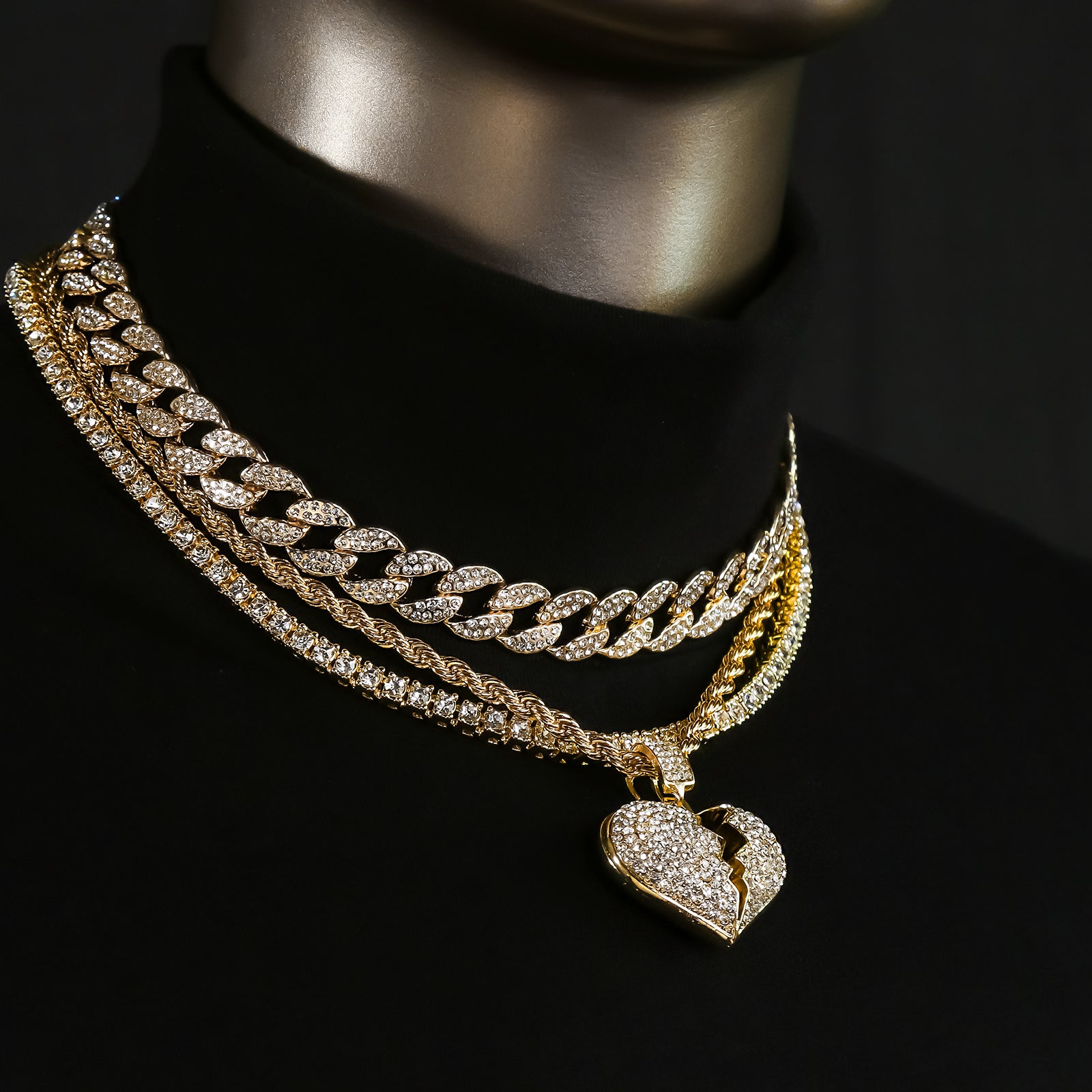 Broken Heart 4 Pcs Set Clear Cz Cuban, Tennis & Rope Chain Bundle Gold PT