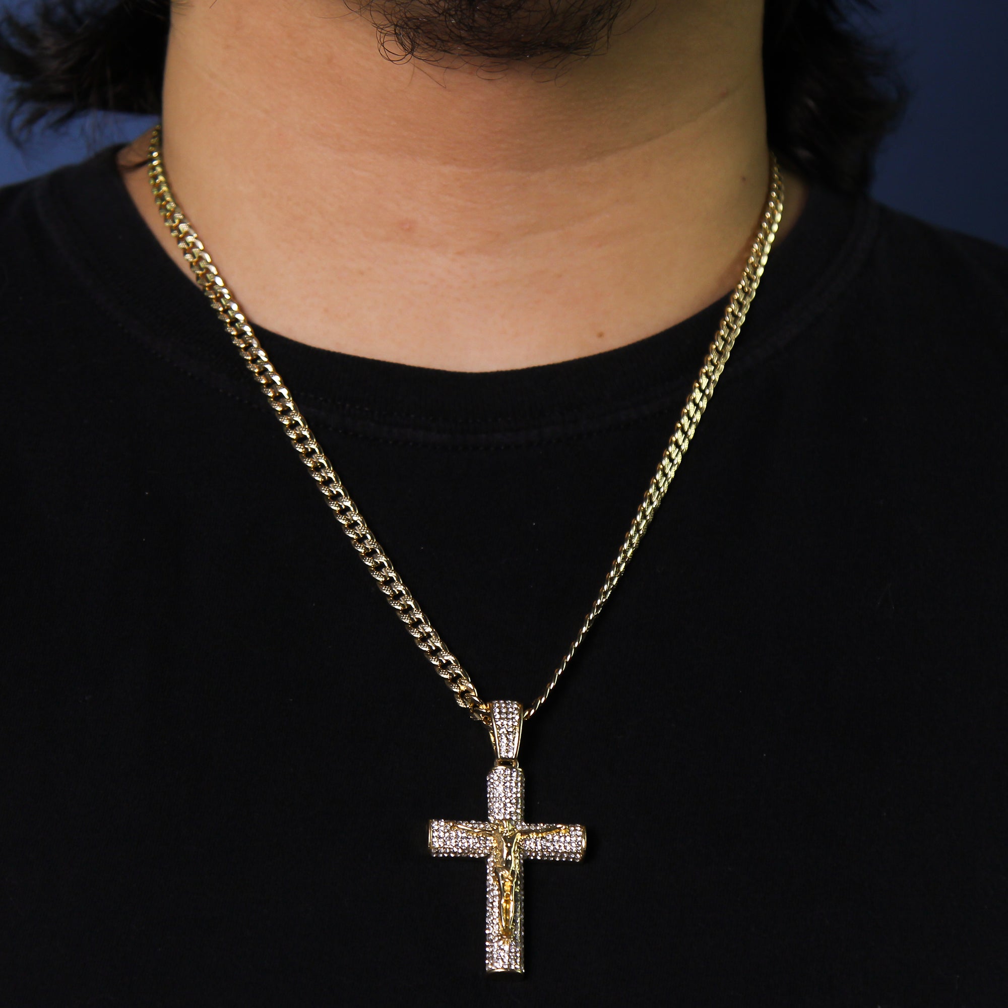 14k Gold Plated Thick Layer Cz Jesus Cross Pendant 24" Frost Cuban Chain
