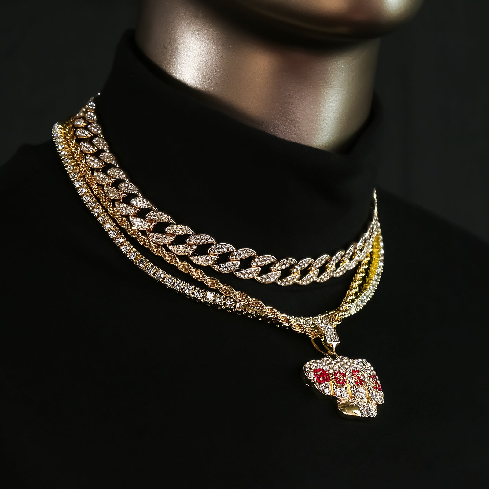 Boss Fist 4 Pcs Set Clear Cz Cuban, Tennis & Rope Chain Bundle Gold PT