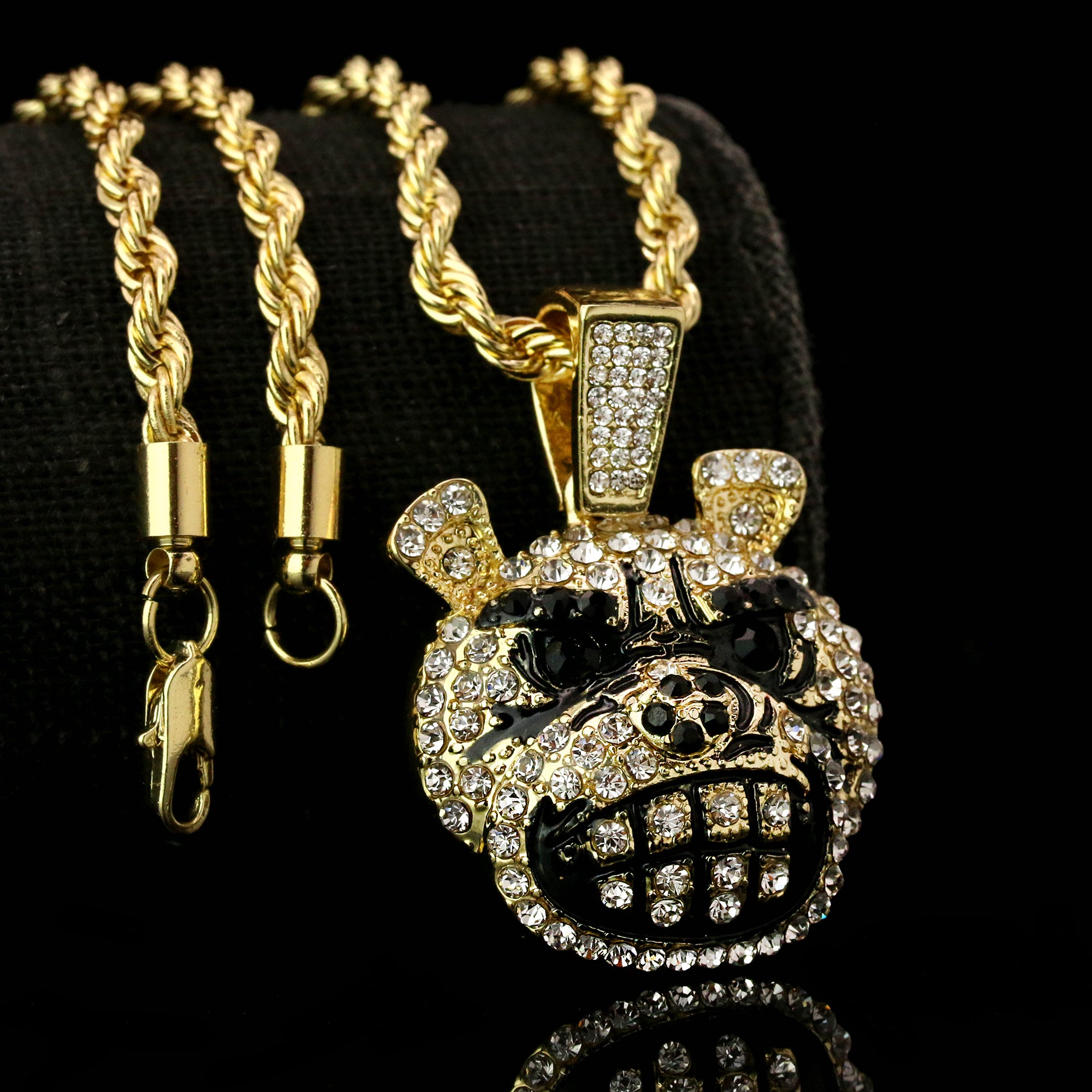 Dog Face Iced Pendant 14K Gold 24" Inch 4mm Rope Choker Chain