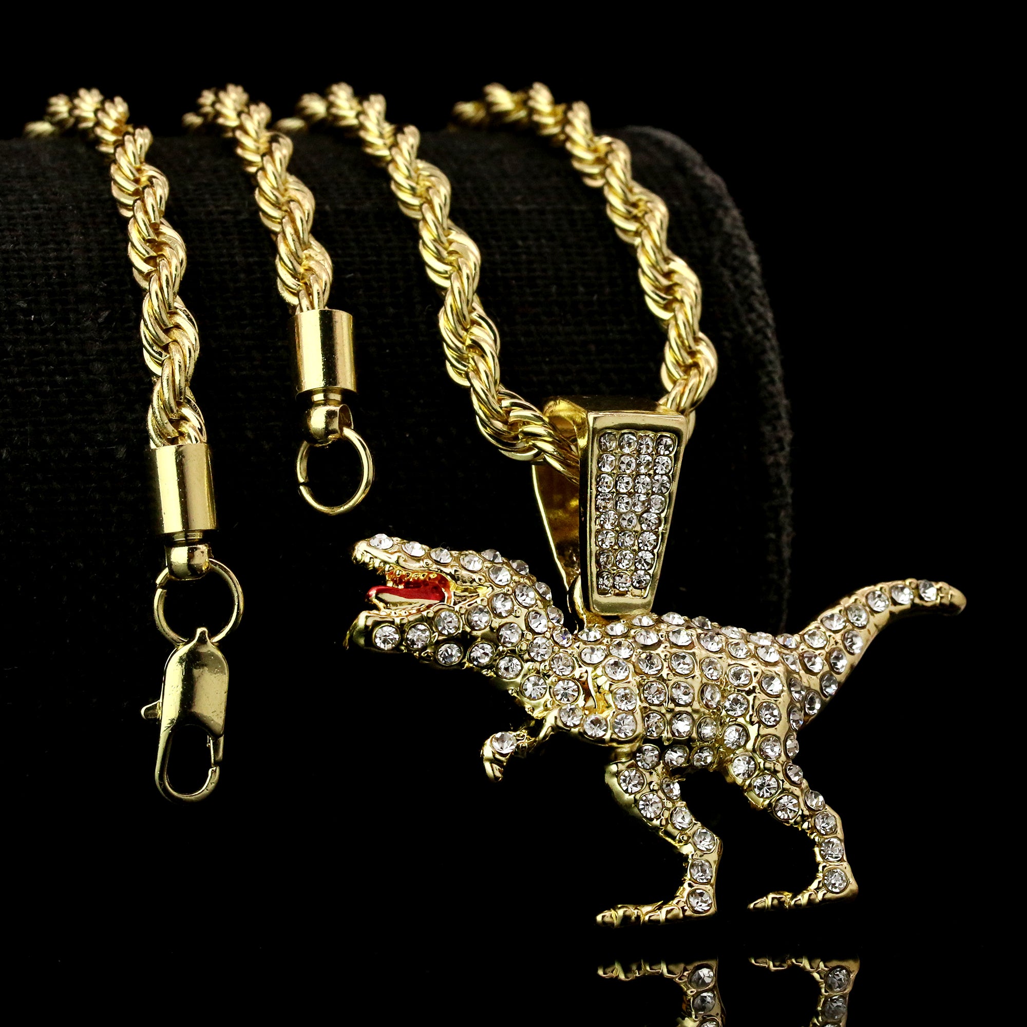 T-rex Dinosaur Iced Pendant 14K Gold 24" Inch 4mm Rope Choker Chain