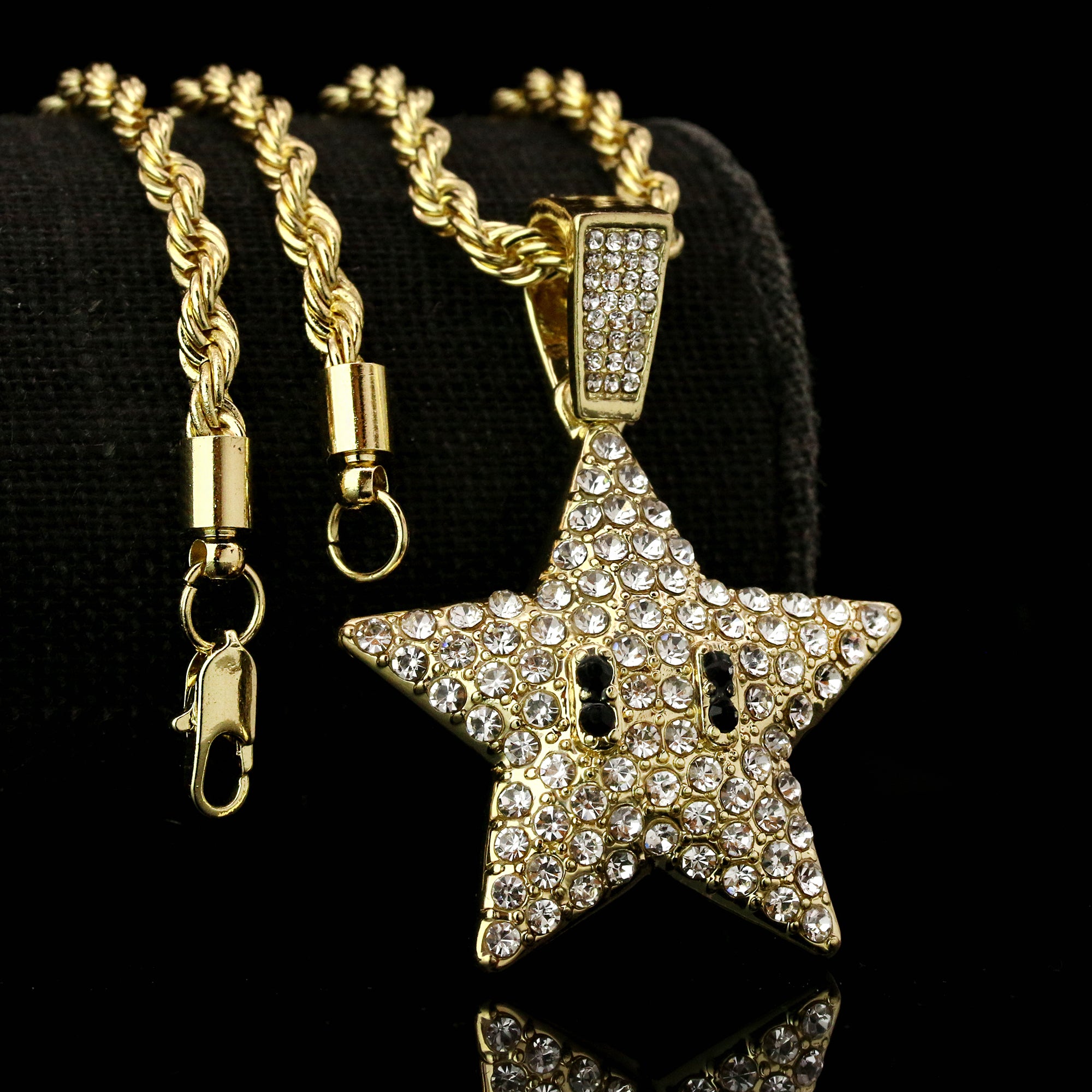 Star Fully Iced Pendant 14K Gold 24" Inch 4mm Rope Choker Chain