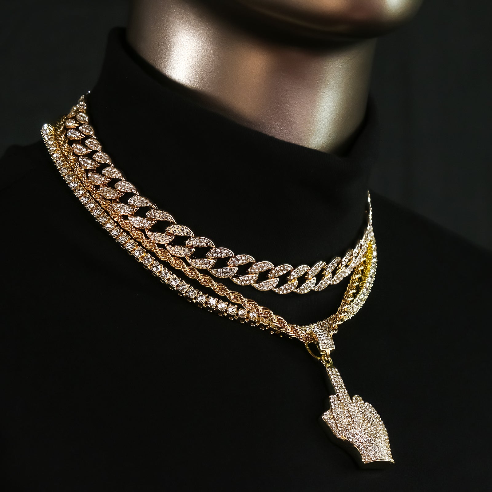 Middle Finger 4 Pcs Set Clear Cz Cuban, Tennis & Rope Chain Bundle Gold PT