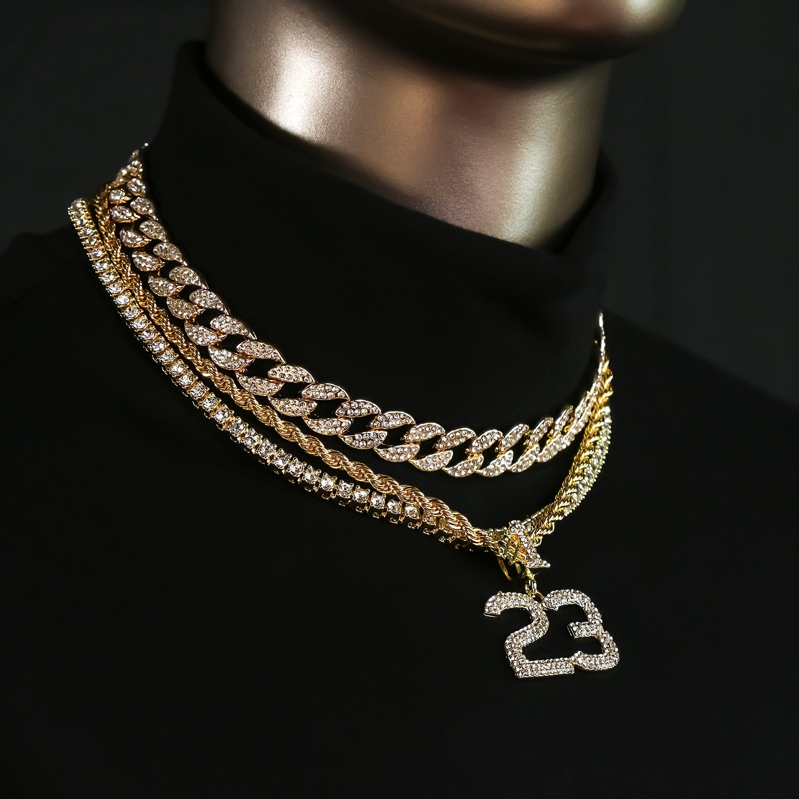 #23 4 Pcs Set Clear Cz Cuban, Tennis & Rope Chain Bundle Gold PT