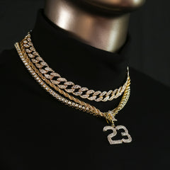 #23 4 Pcs Set Clear Cz Cuban, Tennis & Rope Chain Bundle Gold PT