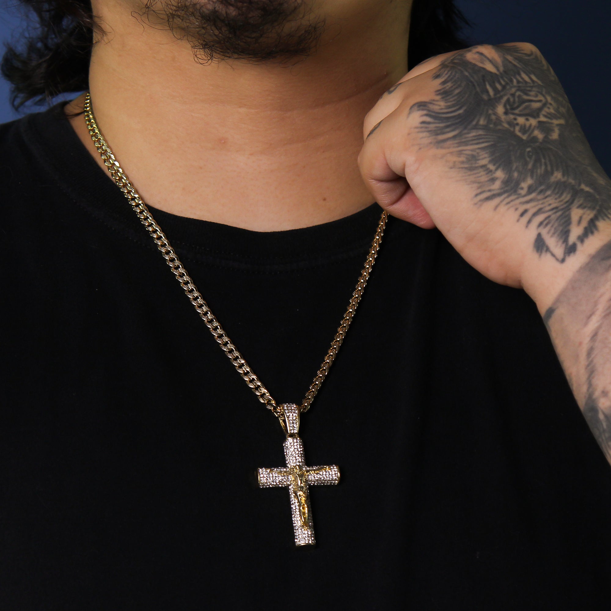 14k Gold Plated Thick Layer Cz Jesus Cross Pendant 24" Frost Cuban Chain