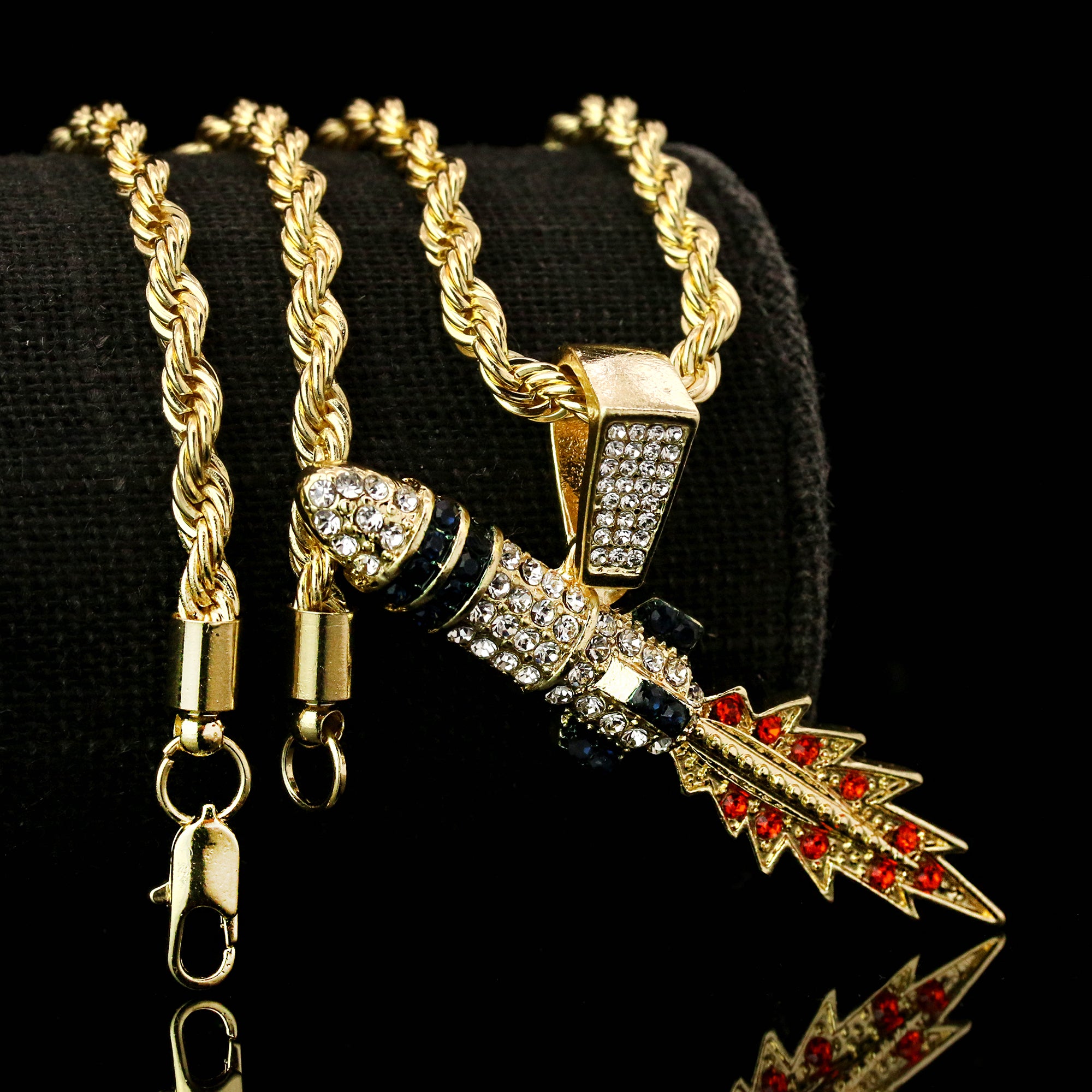Rocket Fully Iced Pendant 14K Gold 24" Inch 4mm Rope Choker Chain