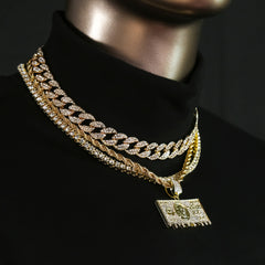 $100 Dollar Bill 4 Pcs Set Clear Cz Cuban, Tennis & Rope Chain Bundle Gold PT