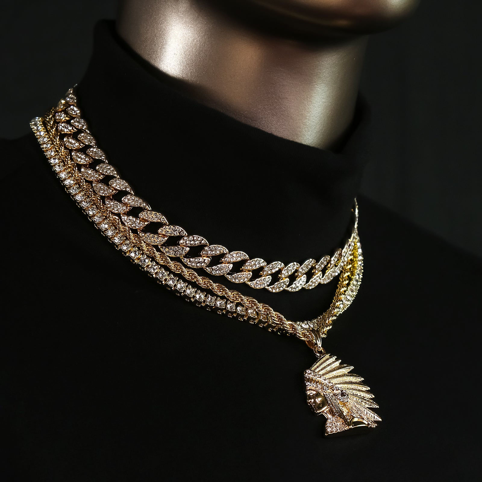 Chief Head 4 Pcs Set Clear Cz Cuban, Tennis & Rope Chain Bundle Gold PT