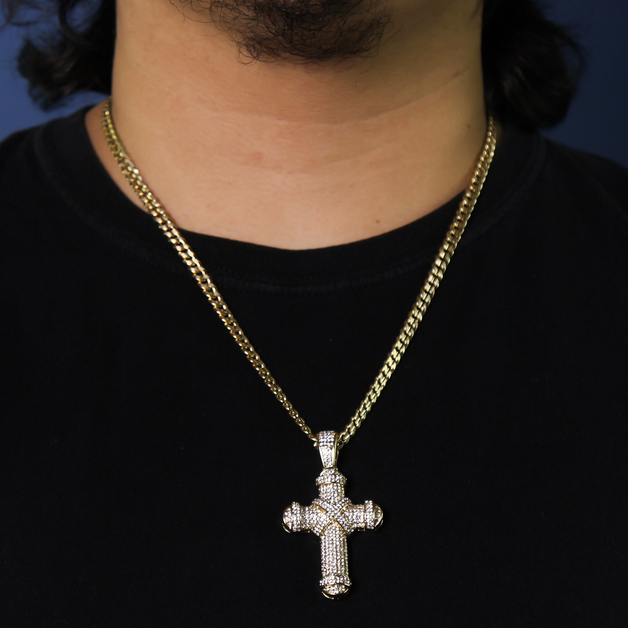 14k Gold Plated Thick Layer Cz Staple X Cross Pendant 24" Frost Cuban Chain