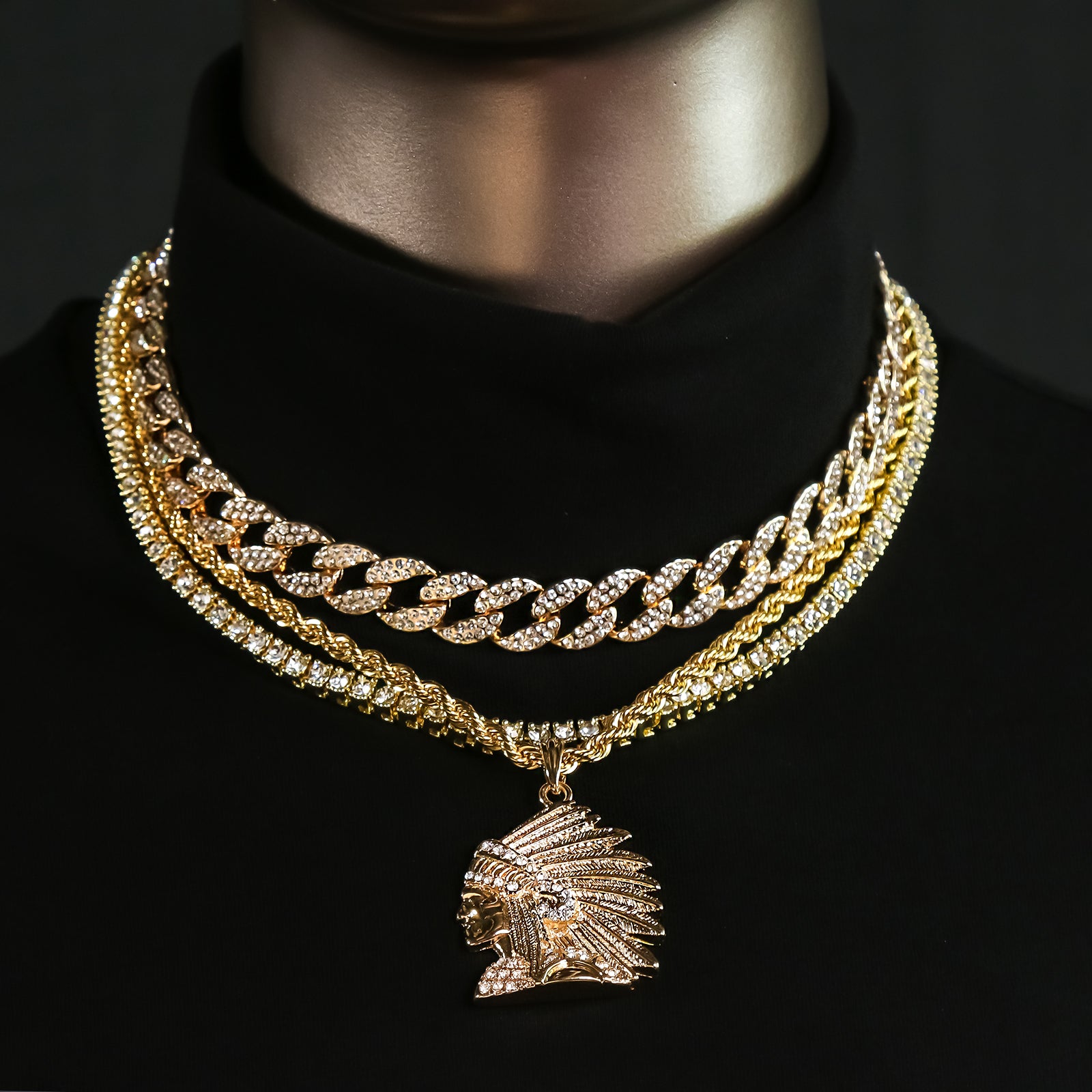 Chief Head 4 Pcs Set Clear Cz Cuban, Tennis & Rope Chain Bundle Gold PT