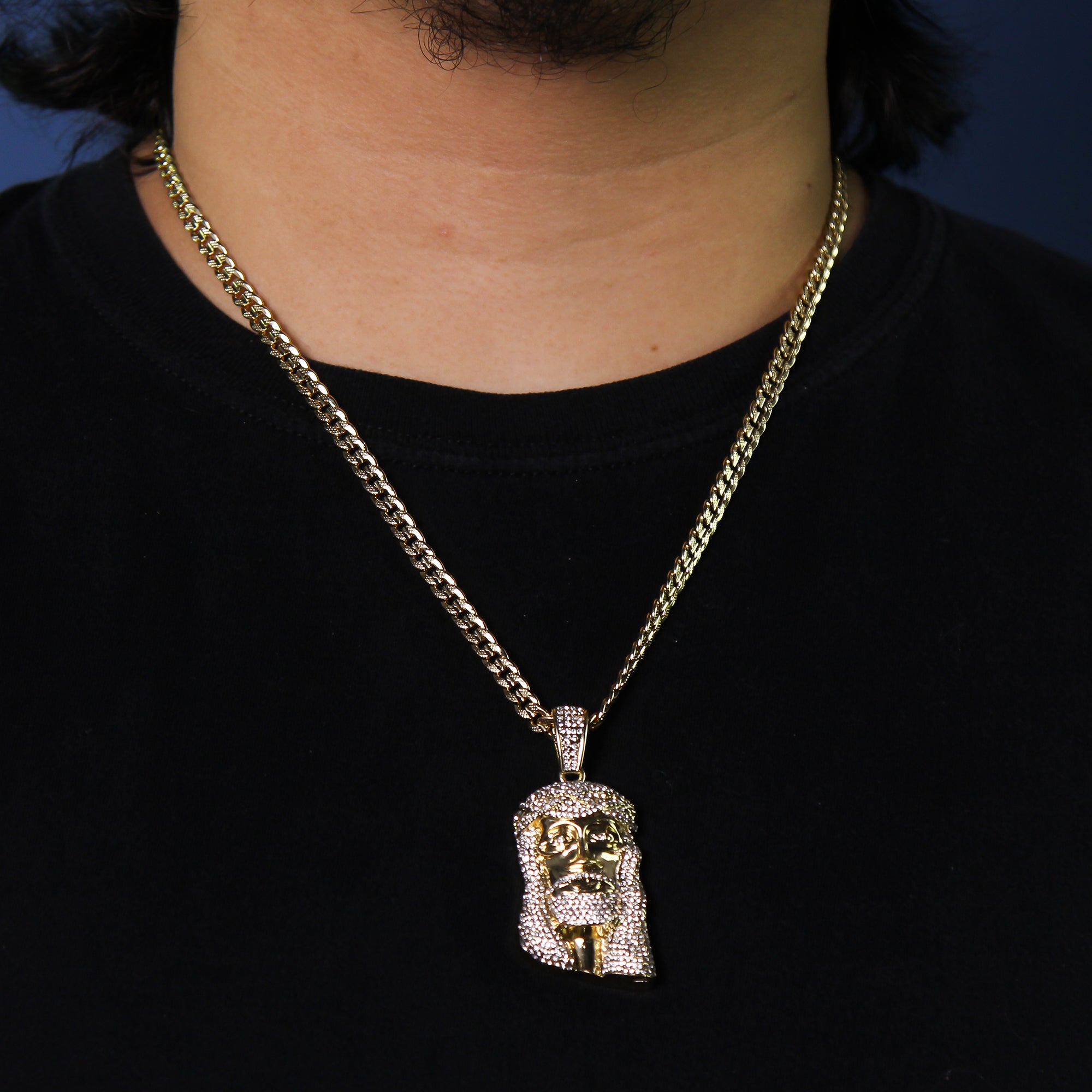 14k Gold Plated Thick Layer Cz Jesus Face Pendant 24" Frost Cuban Chain