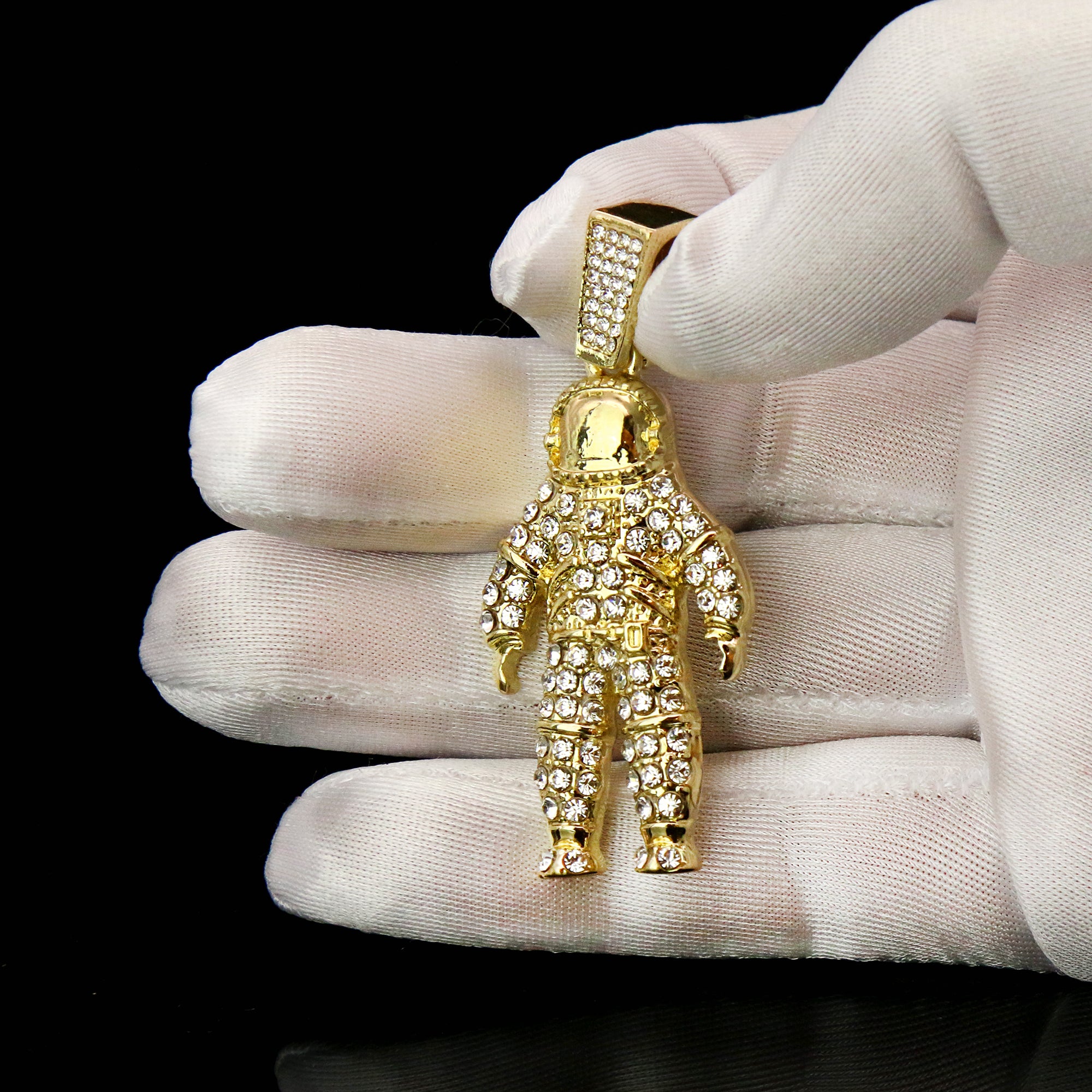 Space Man Iced Pendant 14K Gold 24" Inch 4mm Rope Choker Chain