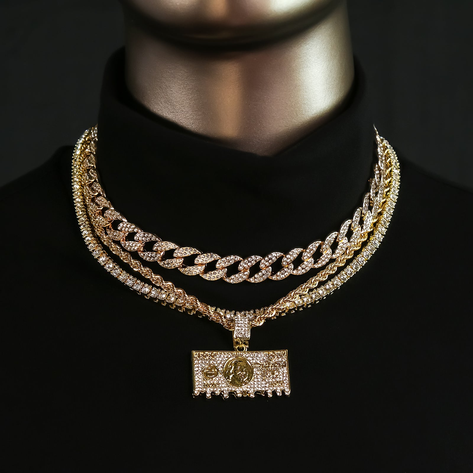 $100 Dollar Bill 4 Pcs Set Clear Cz Cuban, Tennis & Rope Chain Bundle Gold PT