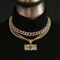 $100 Dollar Bill 4 Pcs Set Clear Cz Cuban, Tennis & Rope Chain Bundle Gold PT