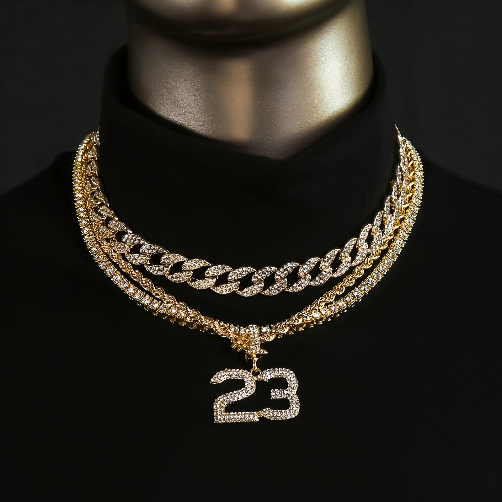 #23 4 Pcs Set Clear Cz Cuban, Tennis & Rope Chain Bundle Gold PT