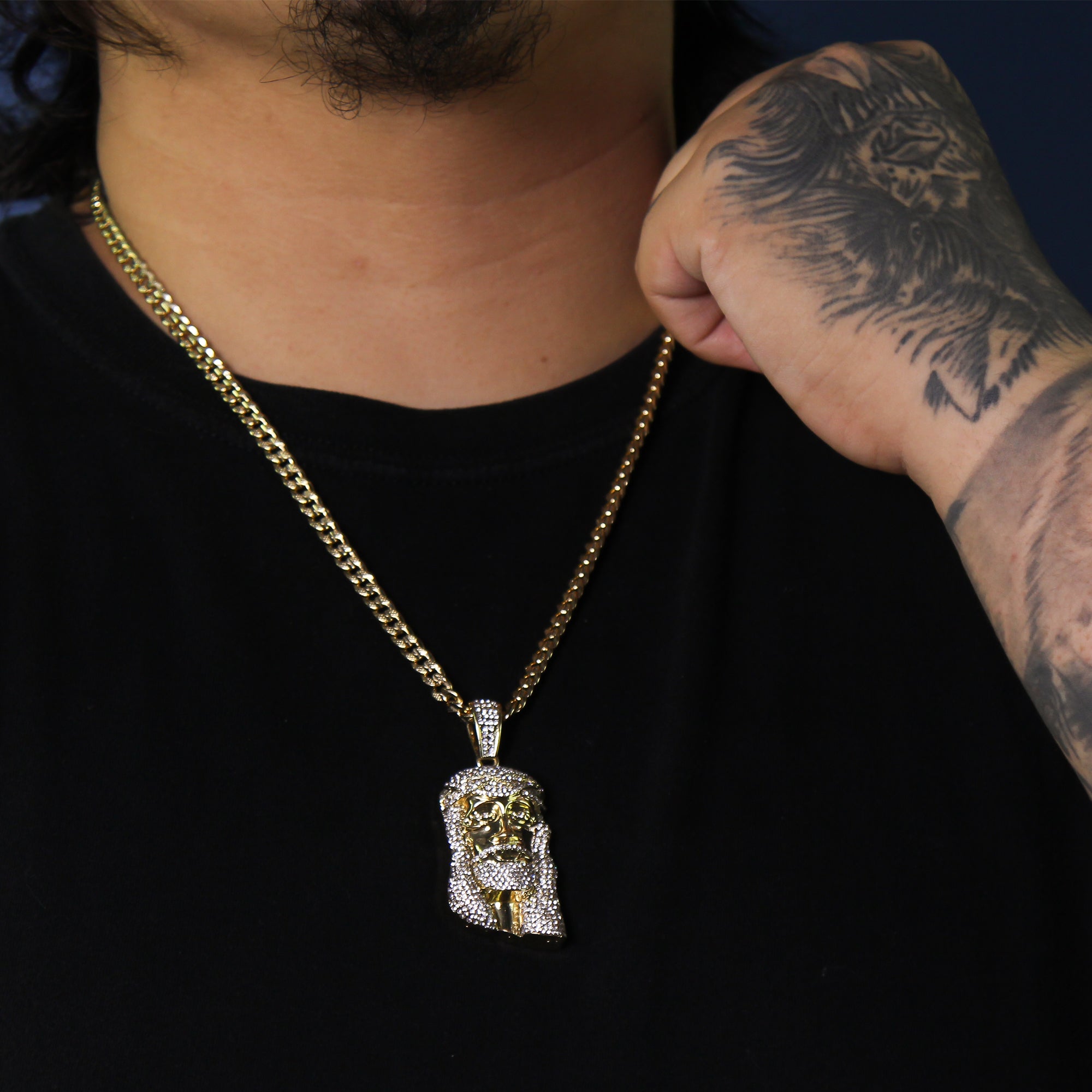 14k Gold Plated Thick Layer Cz Jesus Face Pendant 24" Frost Cuban Chain