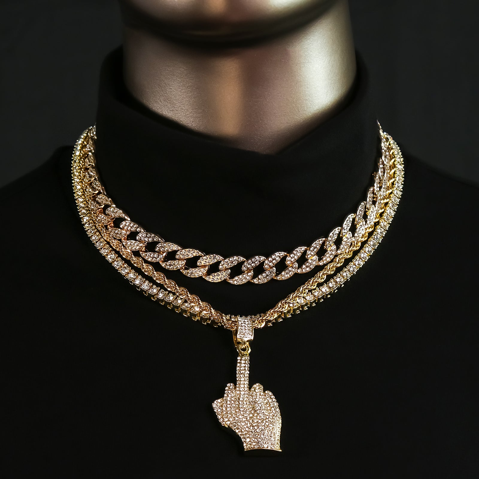 Middle Finger 4 Pcs Set Clear Cz Cuban, Tennis & Rope Chain Bundle Gold PT