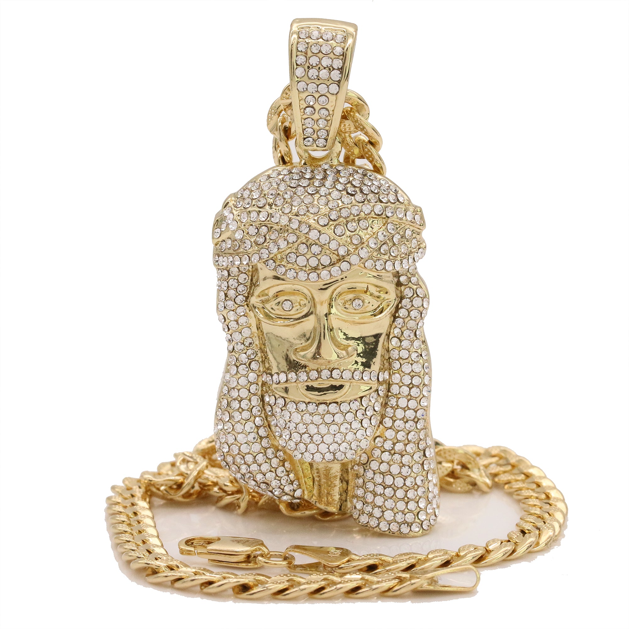 14k Gold Plated Thick Layer Cz Jesus Face Pendant 24" Frost Cuban Chain