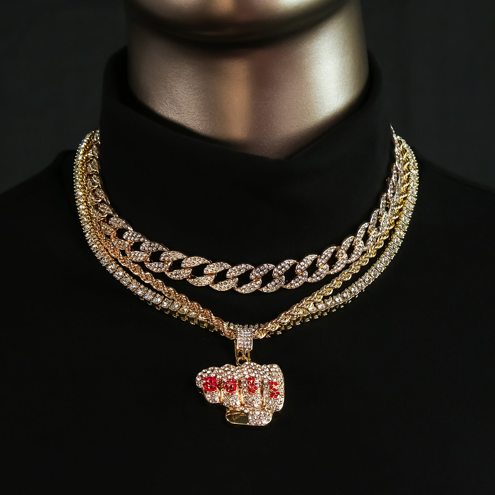Boss Fist 4 Pcs Set Clear Cz Cuban, Tennis & Rope Chain Bundle Gold PT