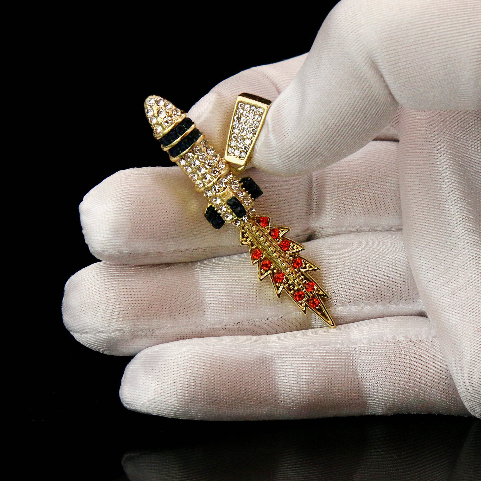 Rocket Fully Iced Pendant 14K Gold 24" Inch 4mm Rope Choker Chain