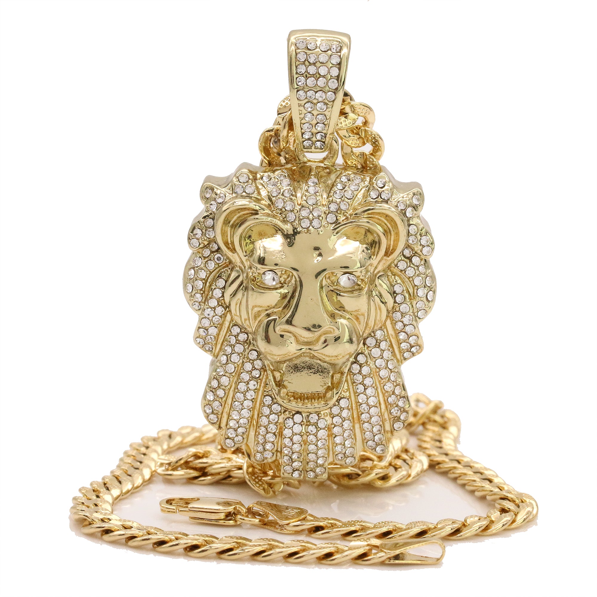 14k Gold Plated Thick Layer Cz Lion Head Pendant 24" Frost Cuban Chain