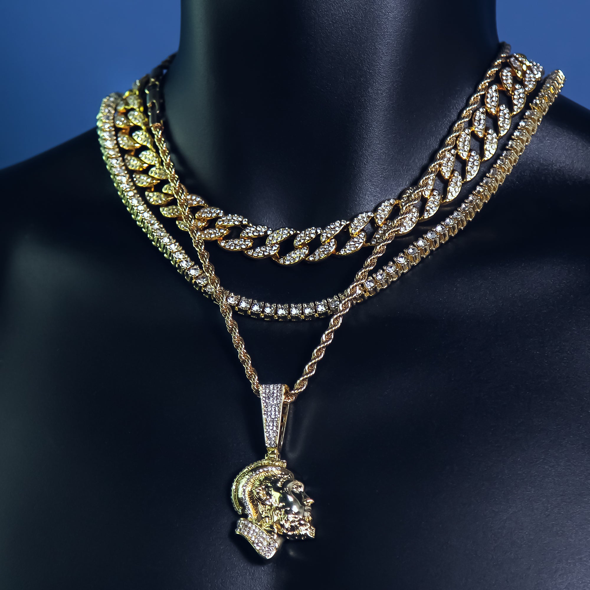 Clear Cz Rapper Face NIpsy Hustler 4 Pcs Set Clear Cz Cuban, Tennis & Rope Chain Bundle Gold PT