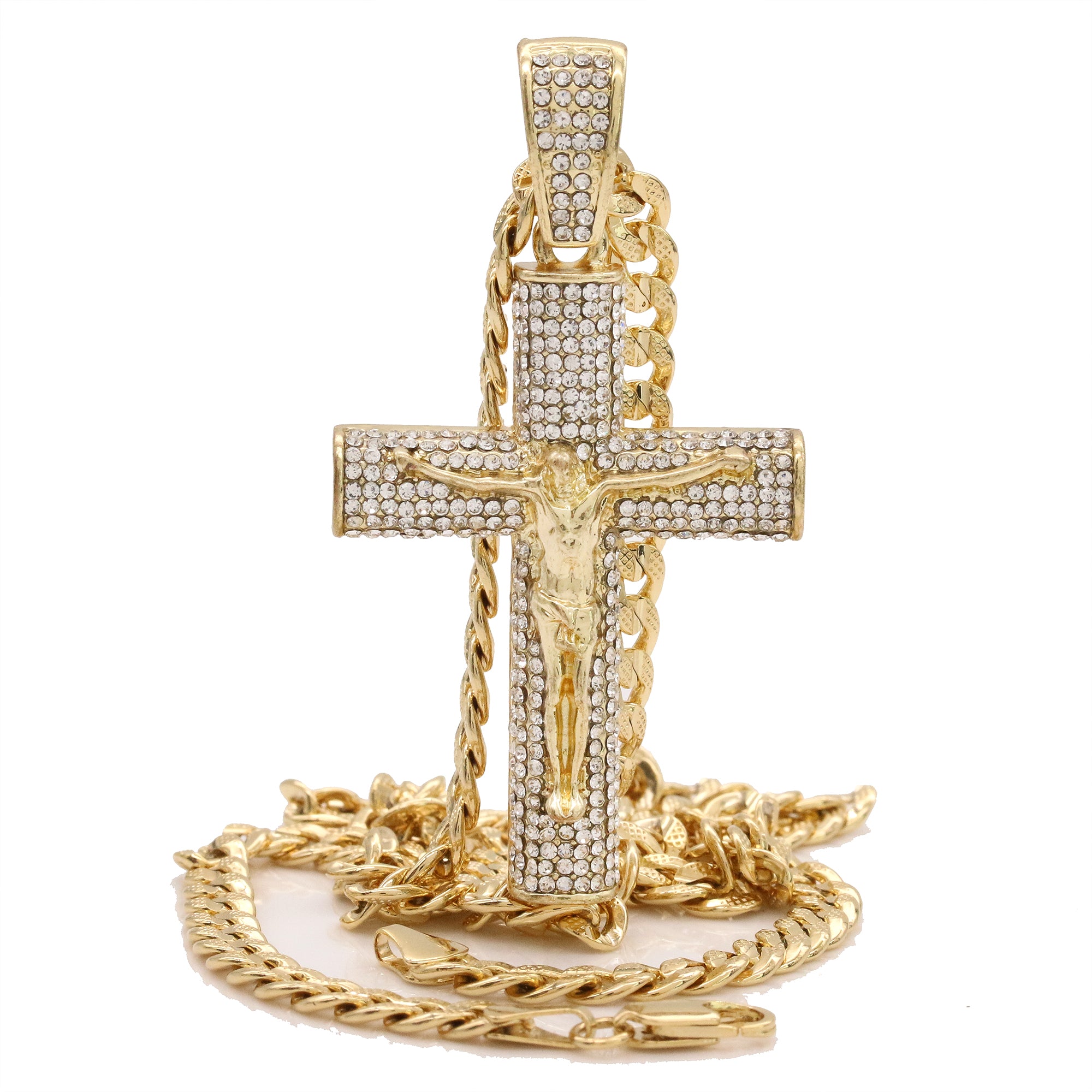 14k Gold Plated Thick Layer Cz Jesus Cross Pendant 24" Frost Cuban Chain