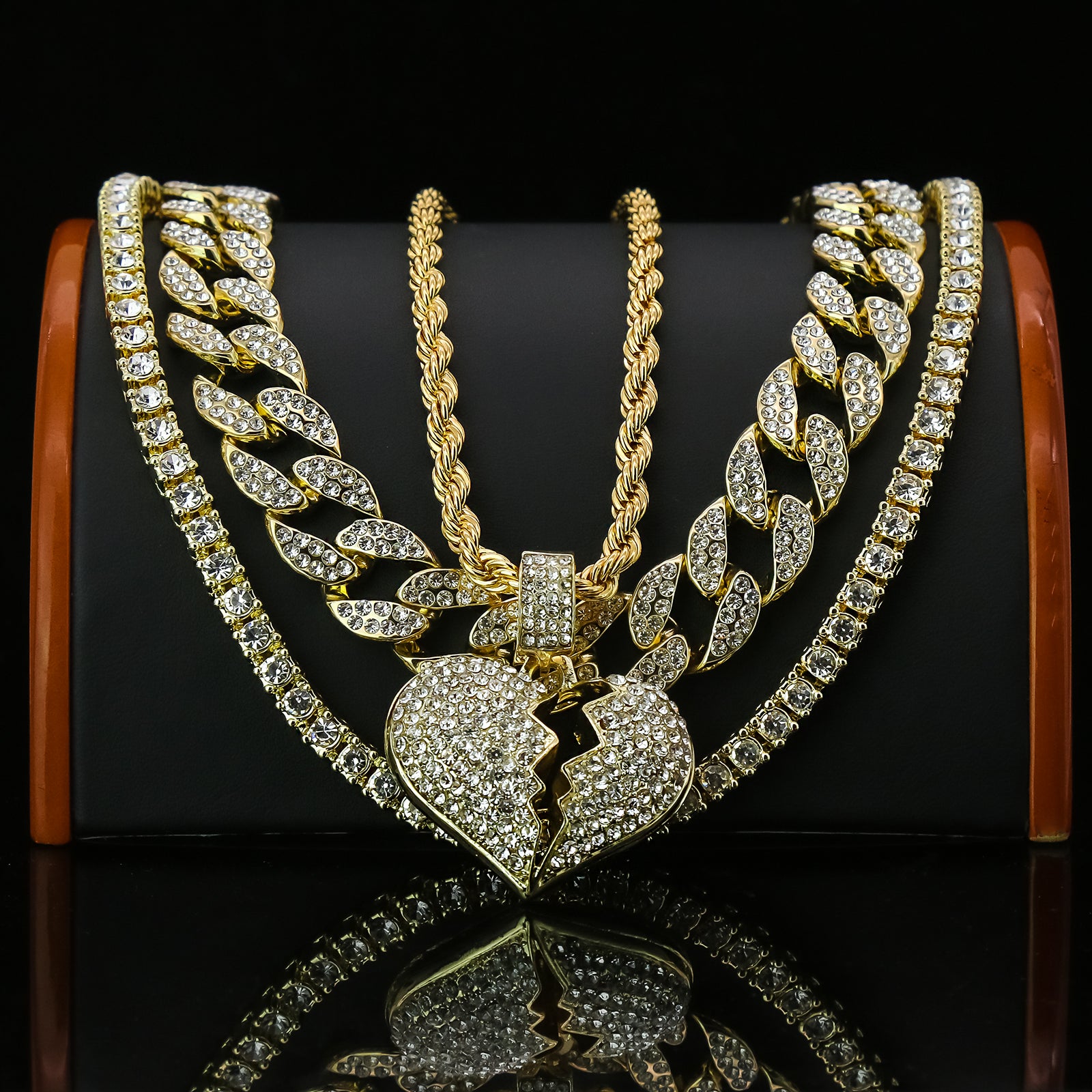 Broken Heart 4 Pcs Set Clear Cz Cuban, Tennis & Rope Chain Bundle Gold PT