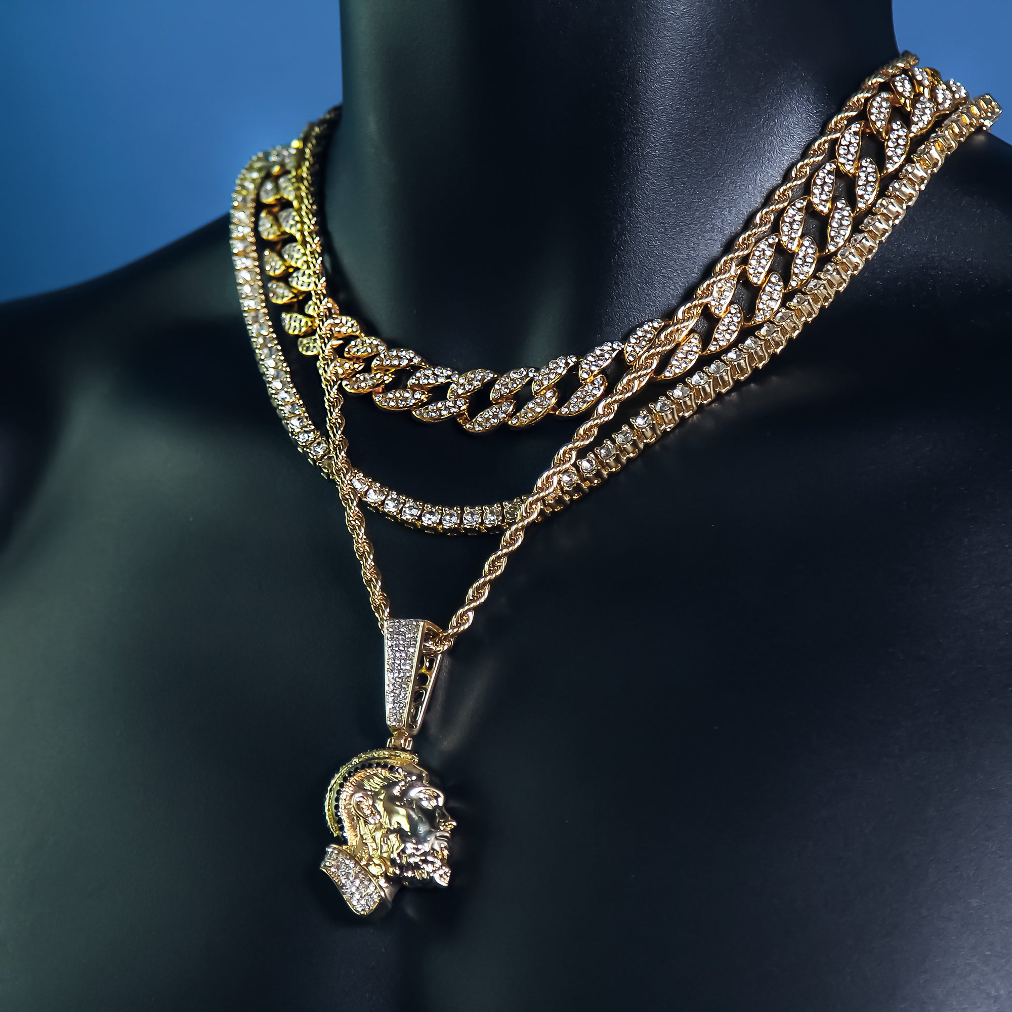 Black Cz Rapper Face NIpsy Hustler 4 Pcs Set Clear Cz Cuban, Tennis & Rope Chain Bundle Gold PT