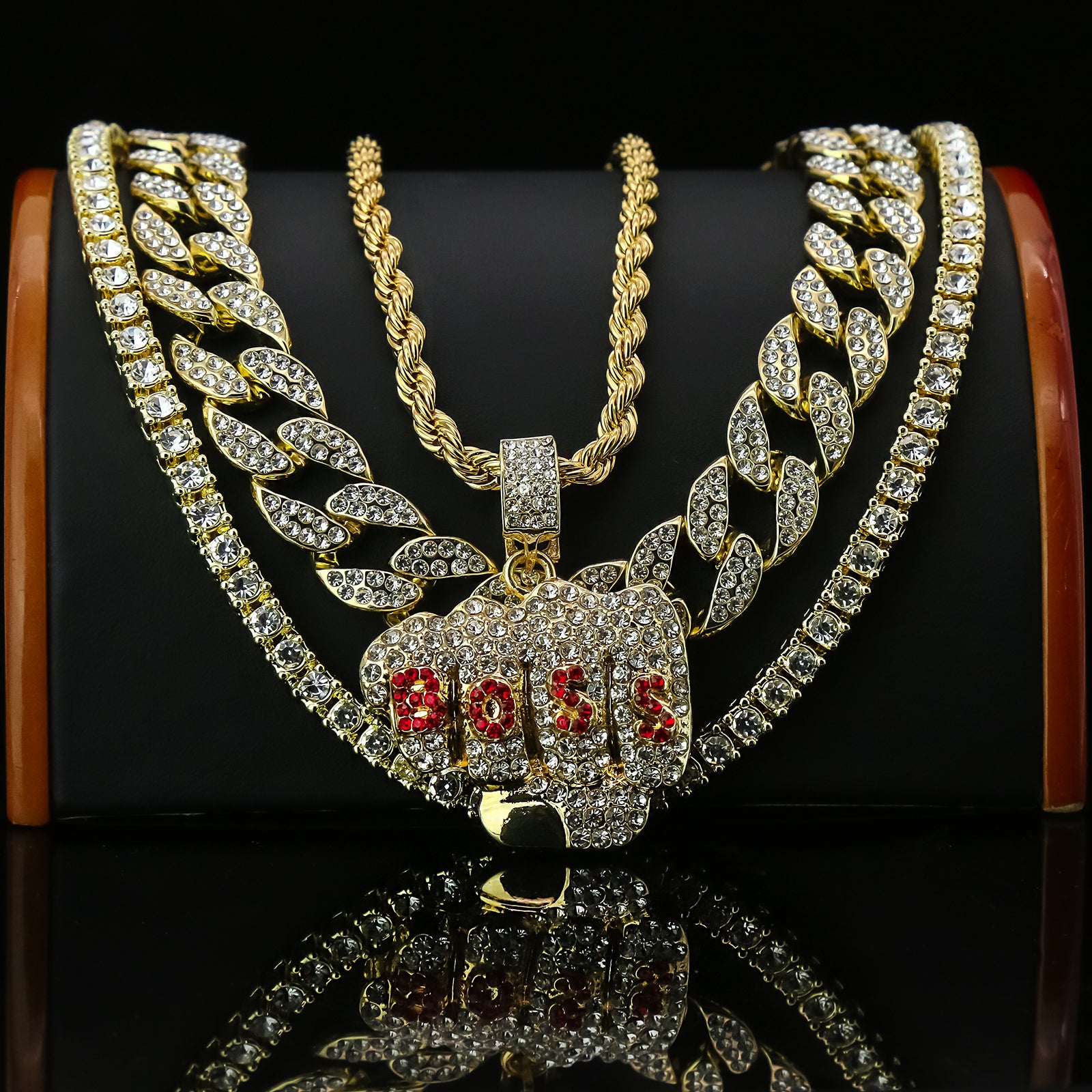 Boss Fist 4 Pcs Set Clear Cz Cuban, Tennis & Rope Chain Bundle Gold PT