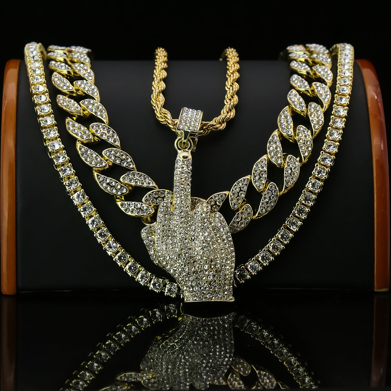 Middle Finger 4 Pcs Set Clear Cz Cuban, Tennis & Rope Chain Bundle Gold PT