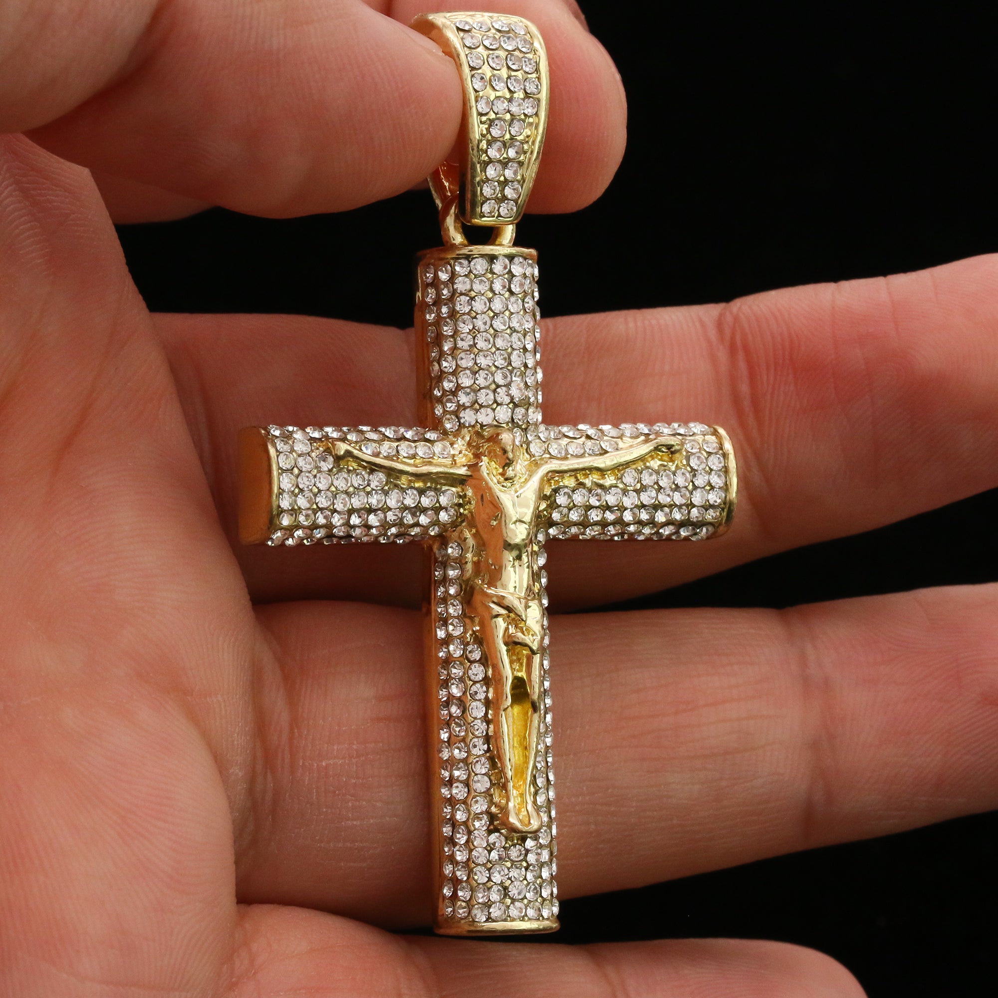 14k Gold Plated Thick Layer Cz Jesus Cross Pendant 24" Frost Cuban Chain