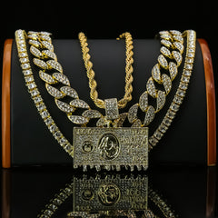 $100 Dollar Bill 4 Pcs Set Clear Cz Cuban, Tennis & Rope Chain Bundle Gold PT