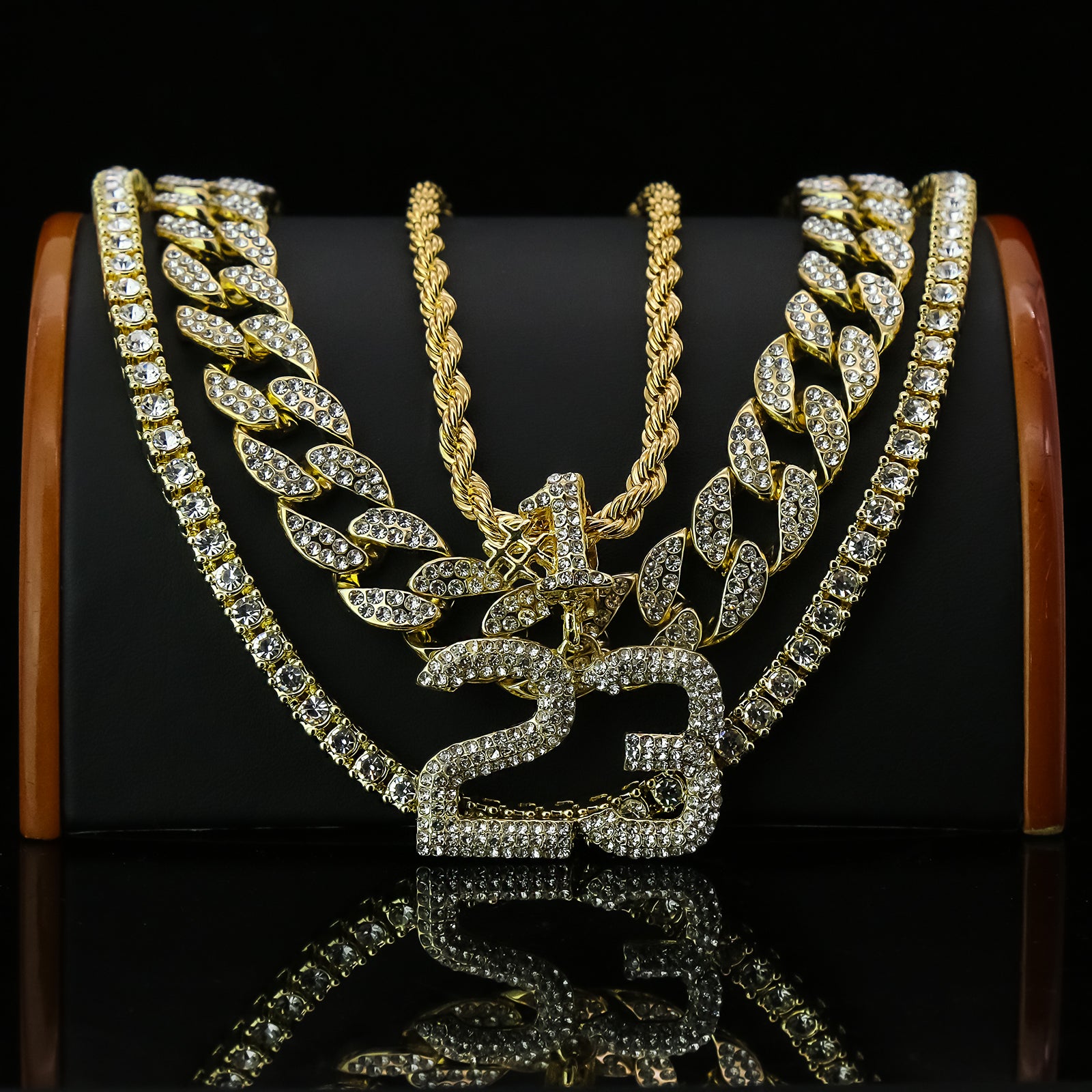 #23 4 Pcs Set Clear Cz Cuban, Tennis & Rope Chain Bundle Gold PT