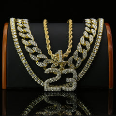 #23 4 Pcs Set Clear Cz Cuban, Tennis & Rope Chain Bundle Gold PT