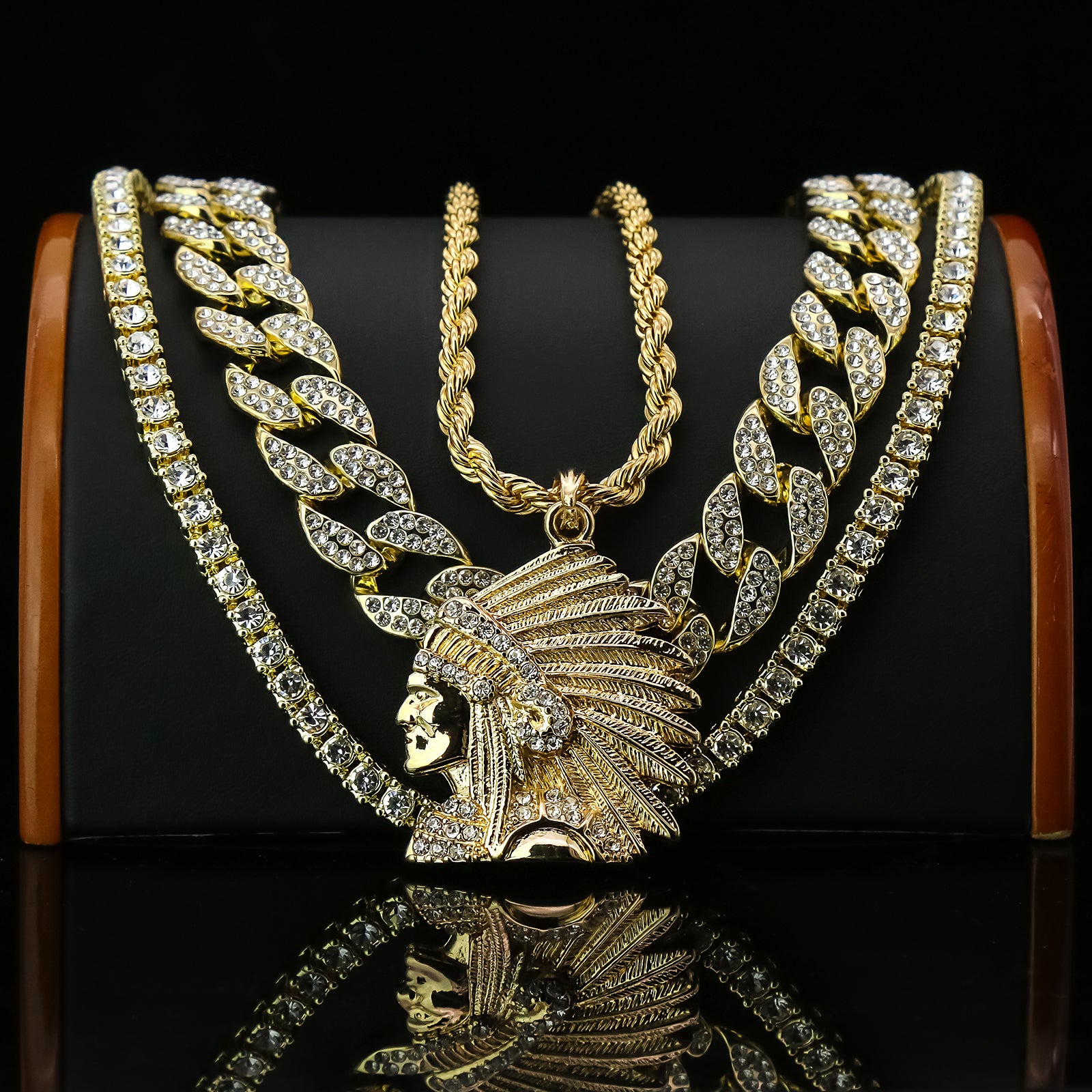 Chief Head 4 Pcs Set Clear Cz Cuban, Tennis & Rope Chain Bundle Gold PT