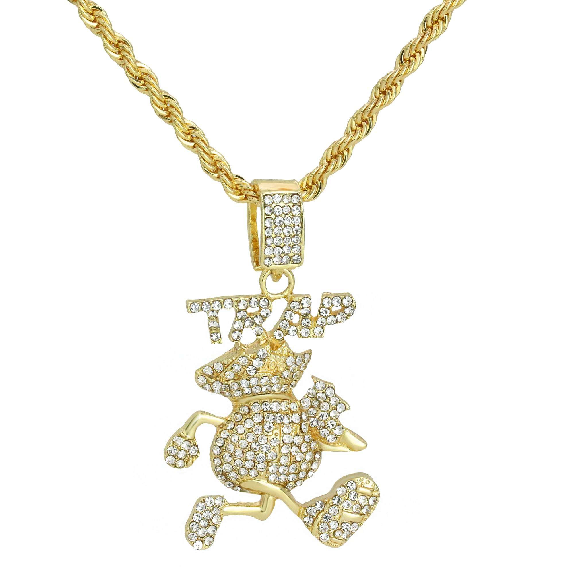 Trap Money Bag Pendant Rope Necklace Chain Men's Hip Hop 18k Cz Jewelry