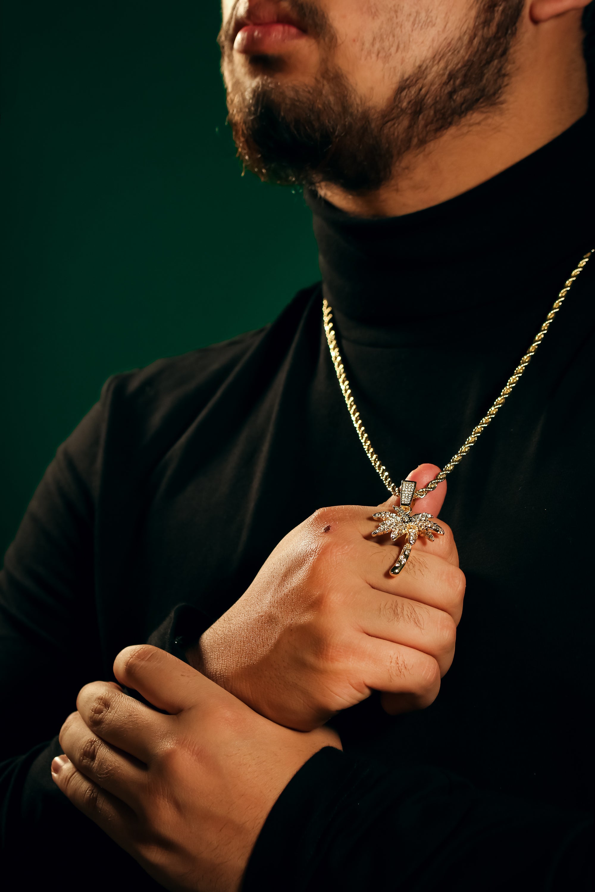Palm Tree Iced Pendant 14K Gold 24" Inch 4mm Rope Choker Chain