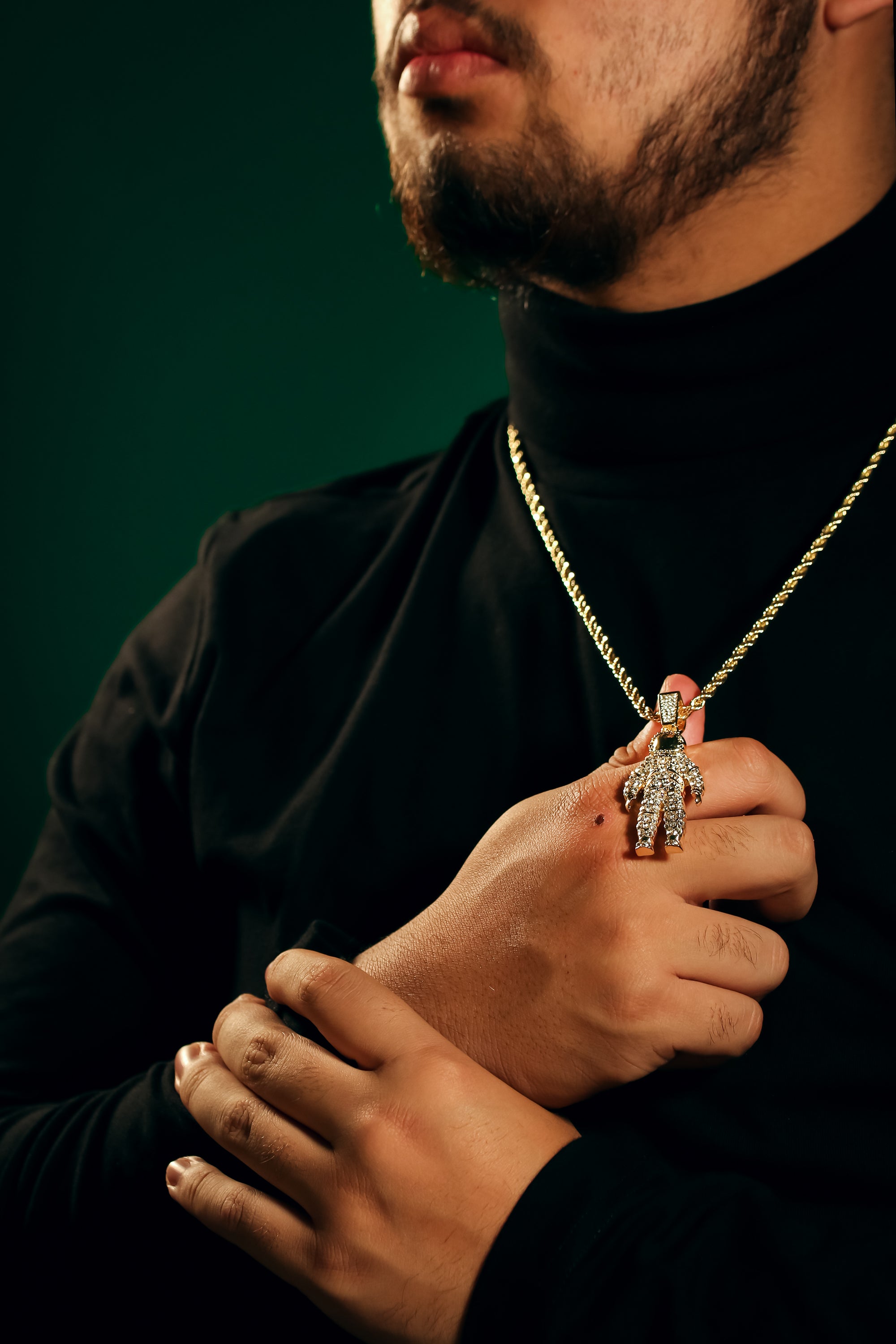 Space Man Iced Pendant 14K Gold 24" Inch 4mm Rope Choker Chain