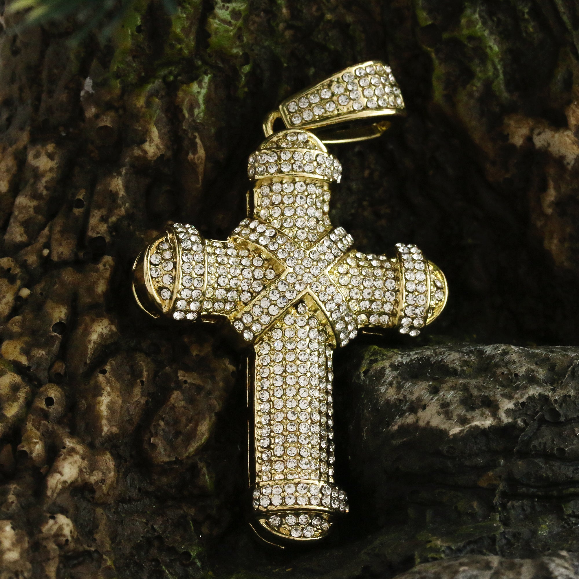 14k Gold Plated Thick Layer Cz Staple X Cross Pendant 24" Frost Cuban Chain