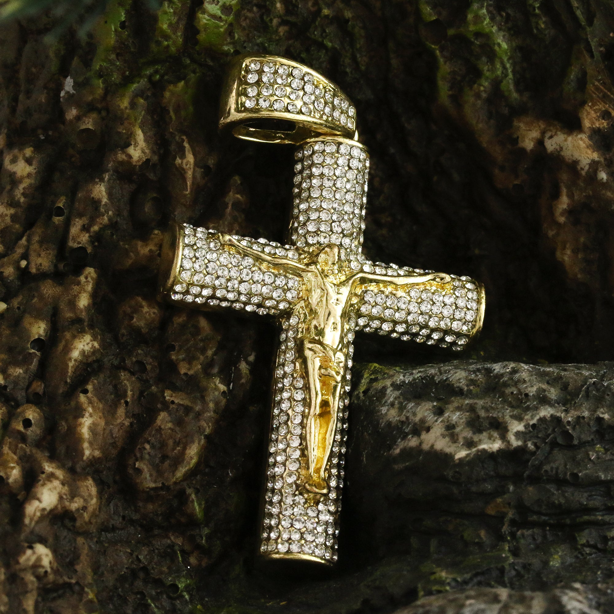 14k Gold Plated Thick Layer Cz Jesus Cross Pendant 24" Frost Cuban Chain