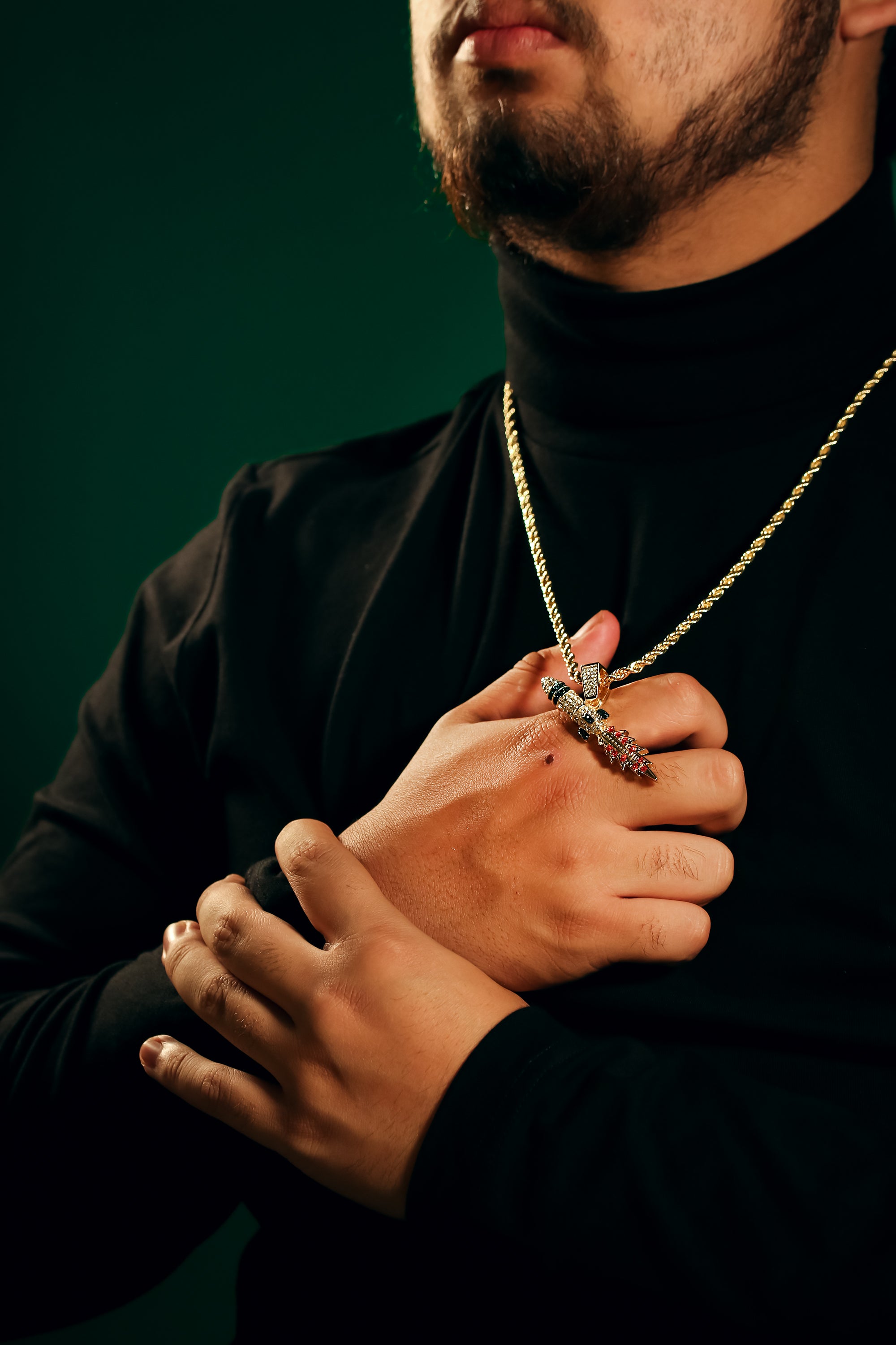 Rocket Fully Iced Pendant 14K Gold 24" Inch 4mm Rope Choker Chain