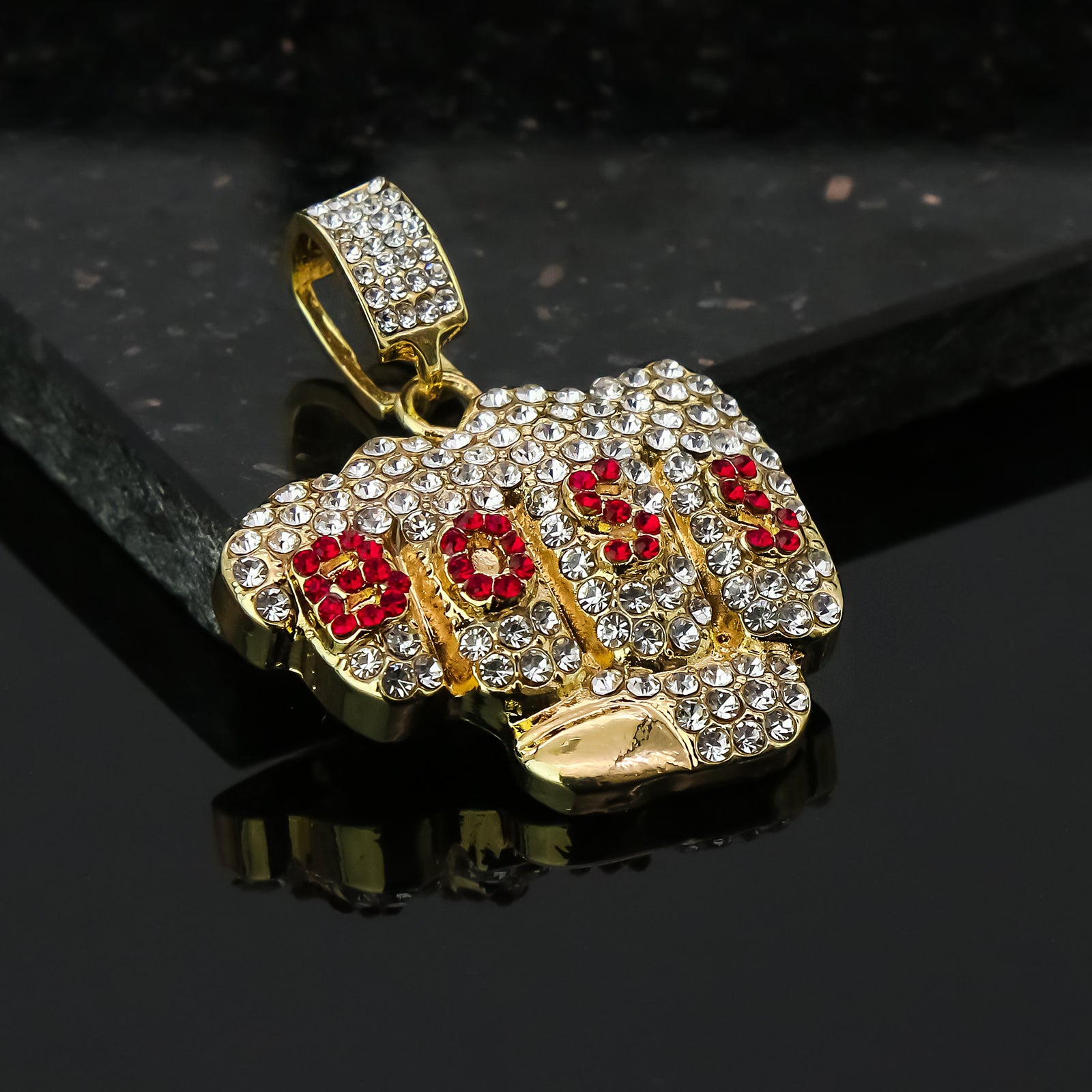 Boss Fist 4 Pcs Set Clear Cz Cuban, Tennis & Rope Chain Bundle Gold PT