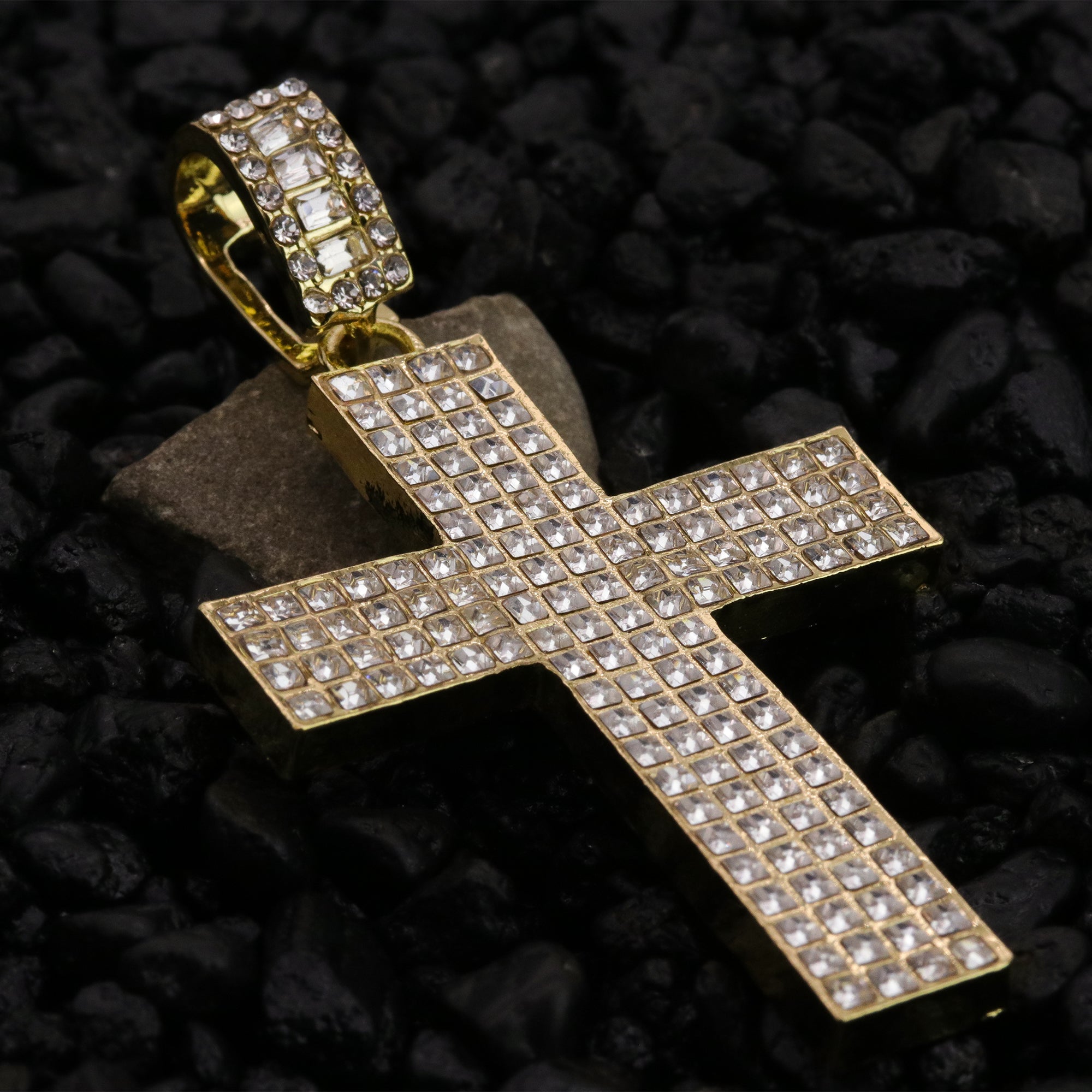 Iced 4 Row Cross Pendant 24"Rope Chain Hip Hop Style 18k Gold Plated