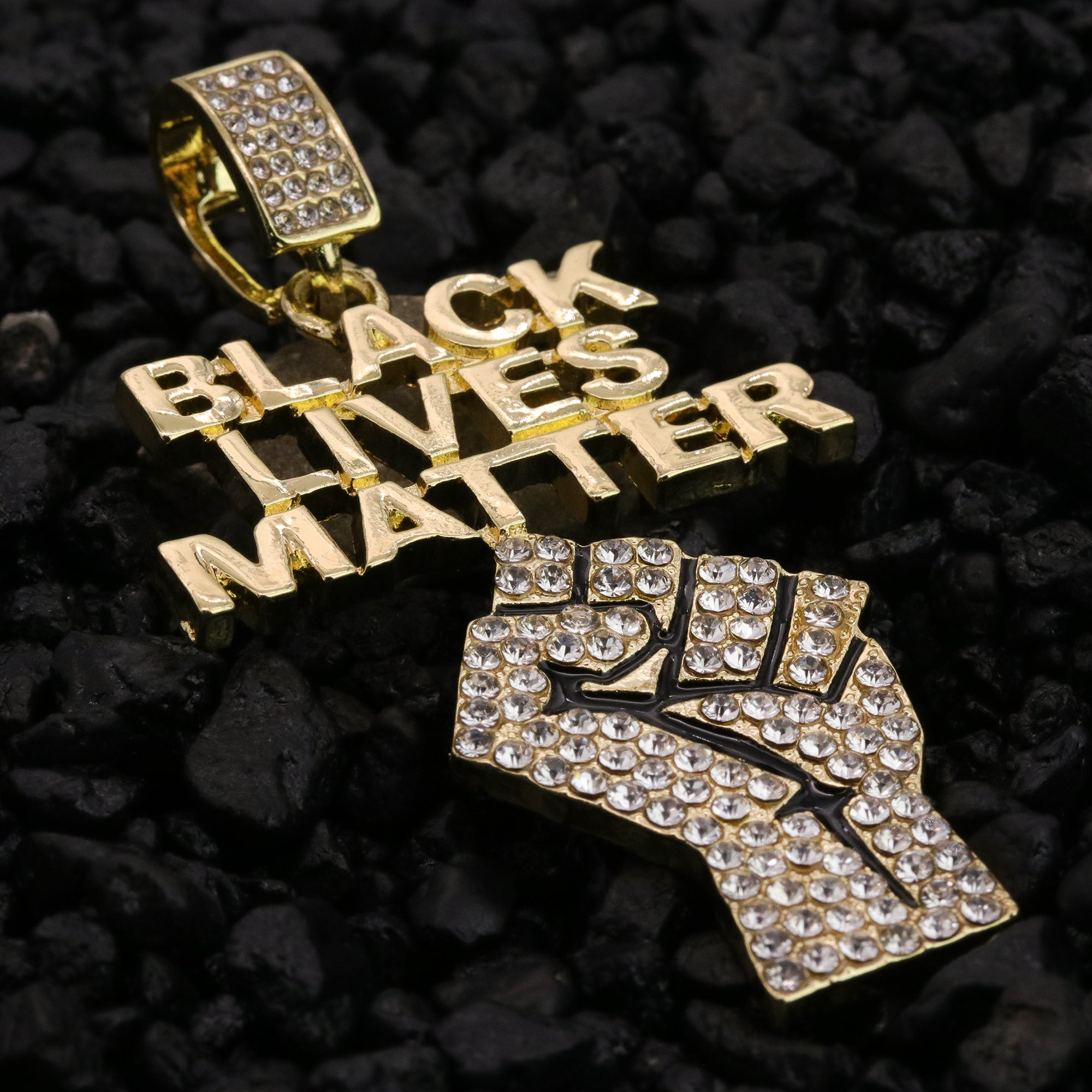 Iced BLM Fist Letter Pendant 24"Rope Chain Hip Hop Style 18k Gold Plated