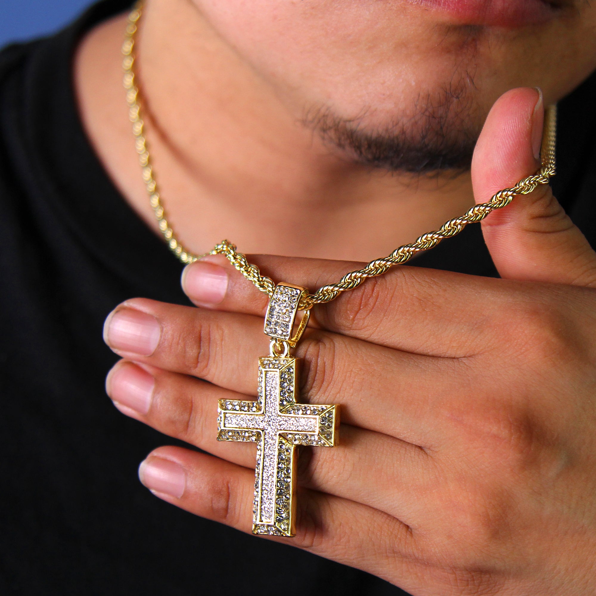 Ap Cross Stardust Pendant Rope Necklace Chain Men's Hip Hop 18k Cz Jewelry