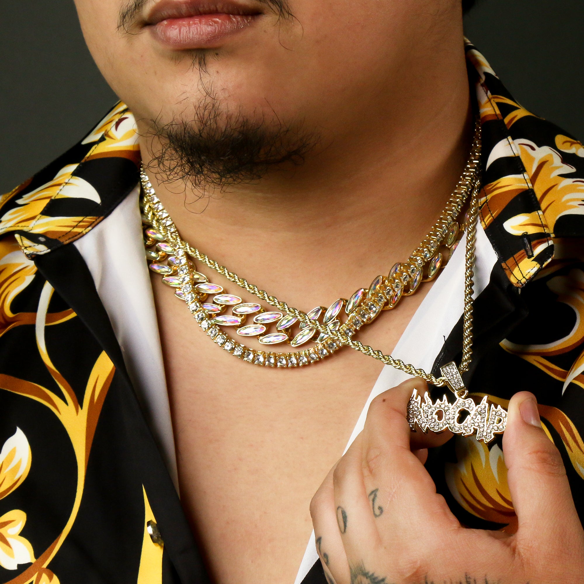 Gold Plated High Fashion AB Cuban Tennis Choker Chains & NO CAP Cz Letter Pendant