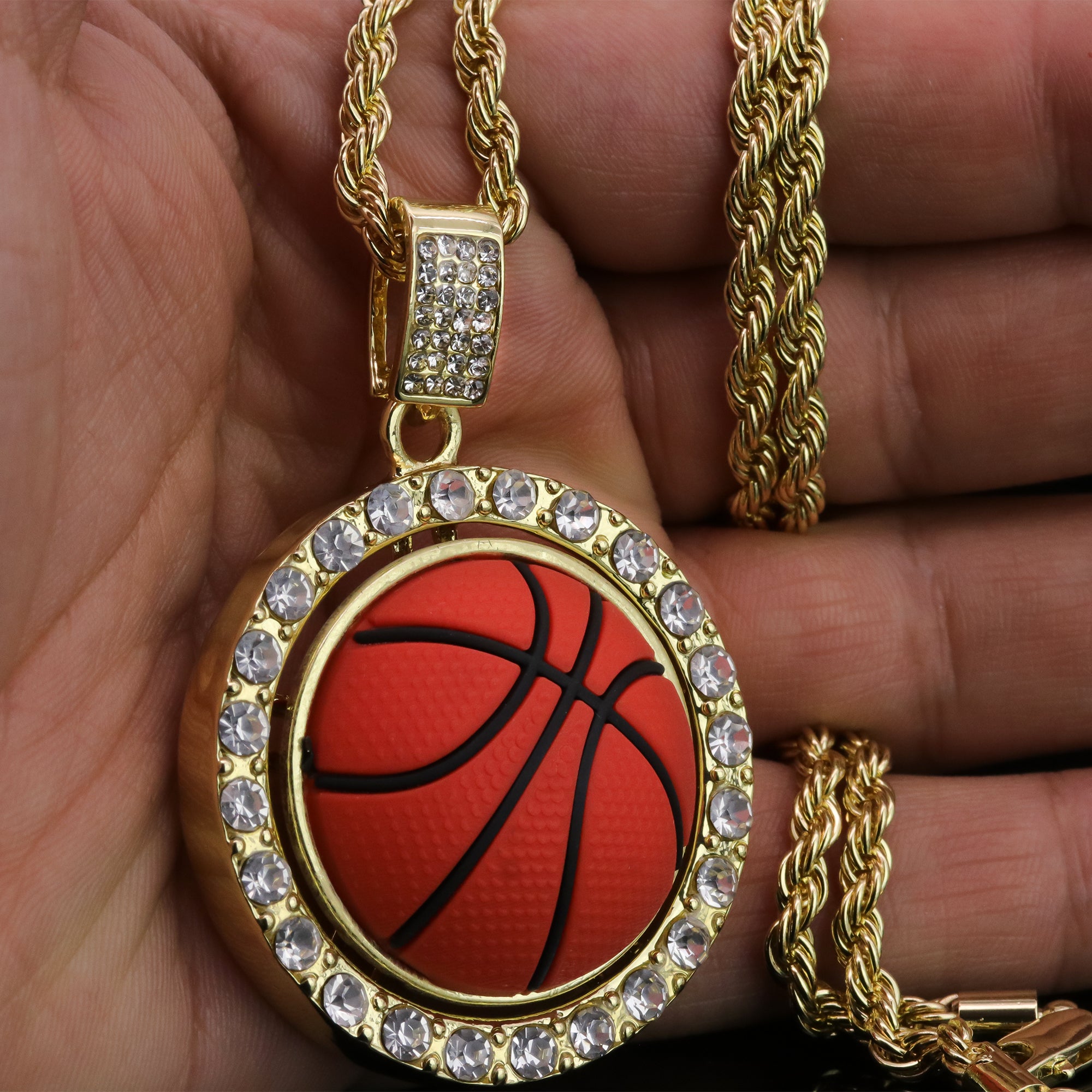 Iced Round Basketball Pendant 24"Rope Chain Hip Hop Style 18k Gold Plated