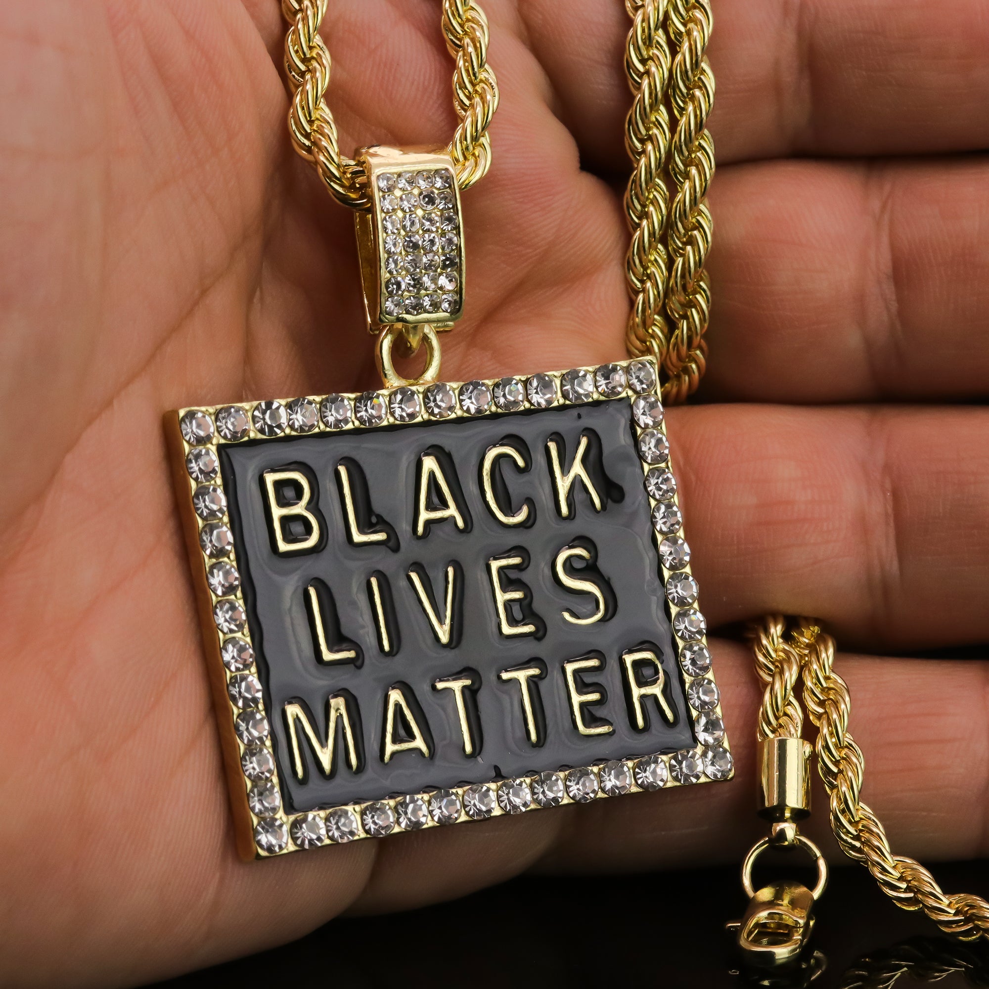 Iced Block Black Lives Matter Pendant 24"Rope Chain Hip Hop Style 18k Gold Plated